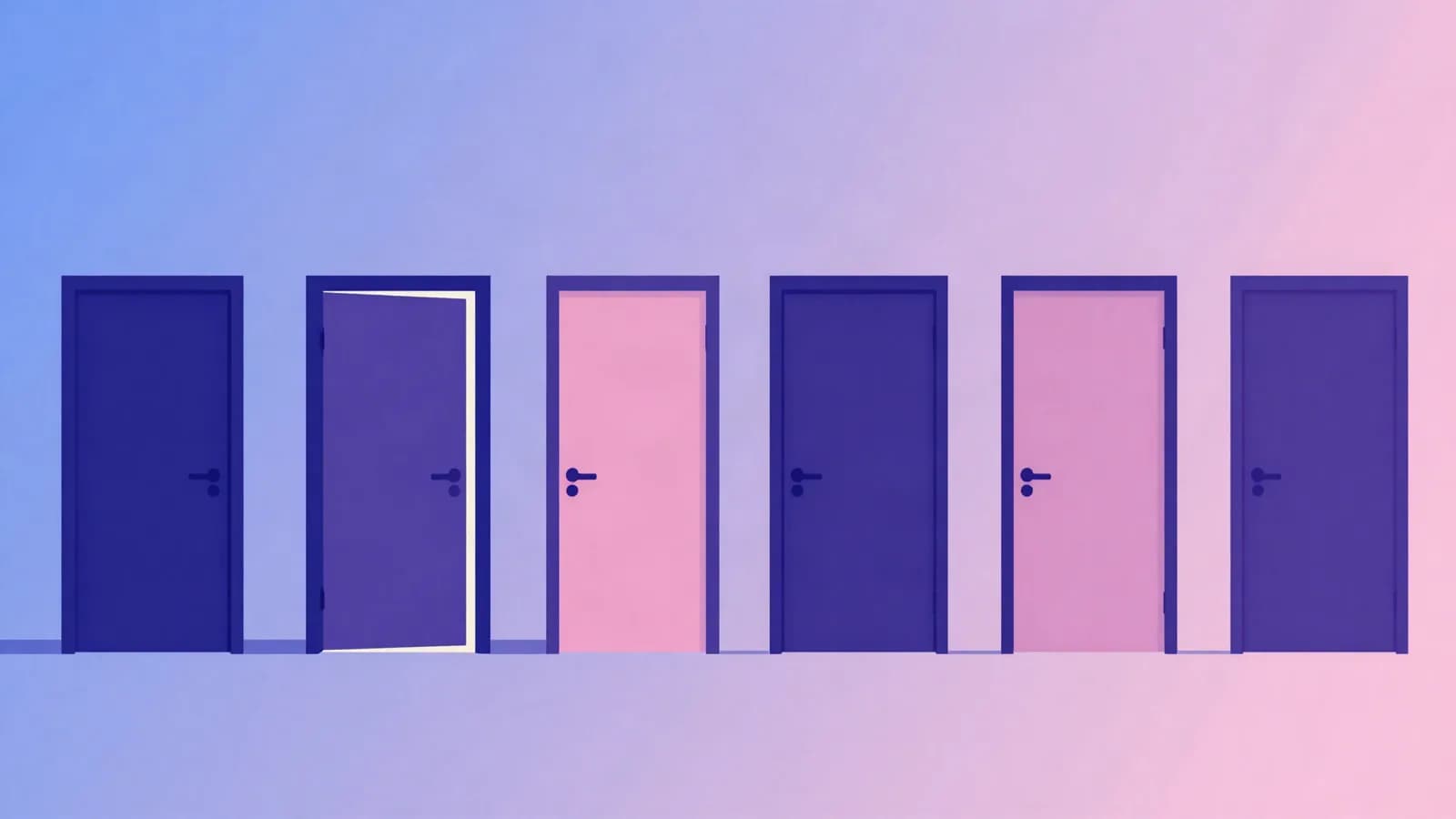 Ilustração de seis portas fechadas lado a lado, com uma delas entreaberta, em tons de índigo, violeta e rosa
