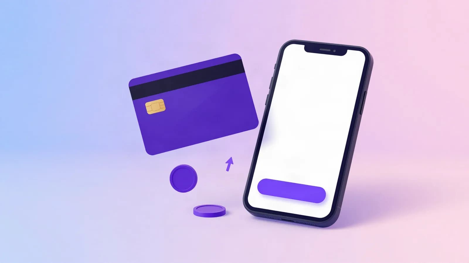 Ilustração de um cartão de pagamento ao lado de um celular com uma tela de compra, cercados por moedas
