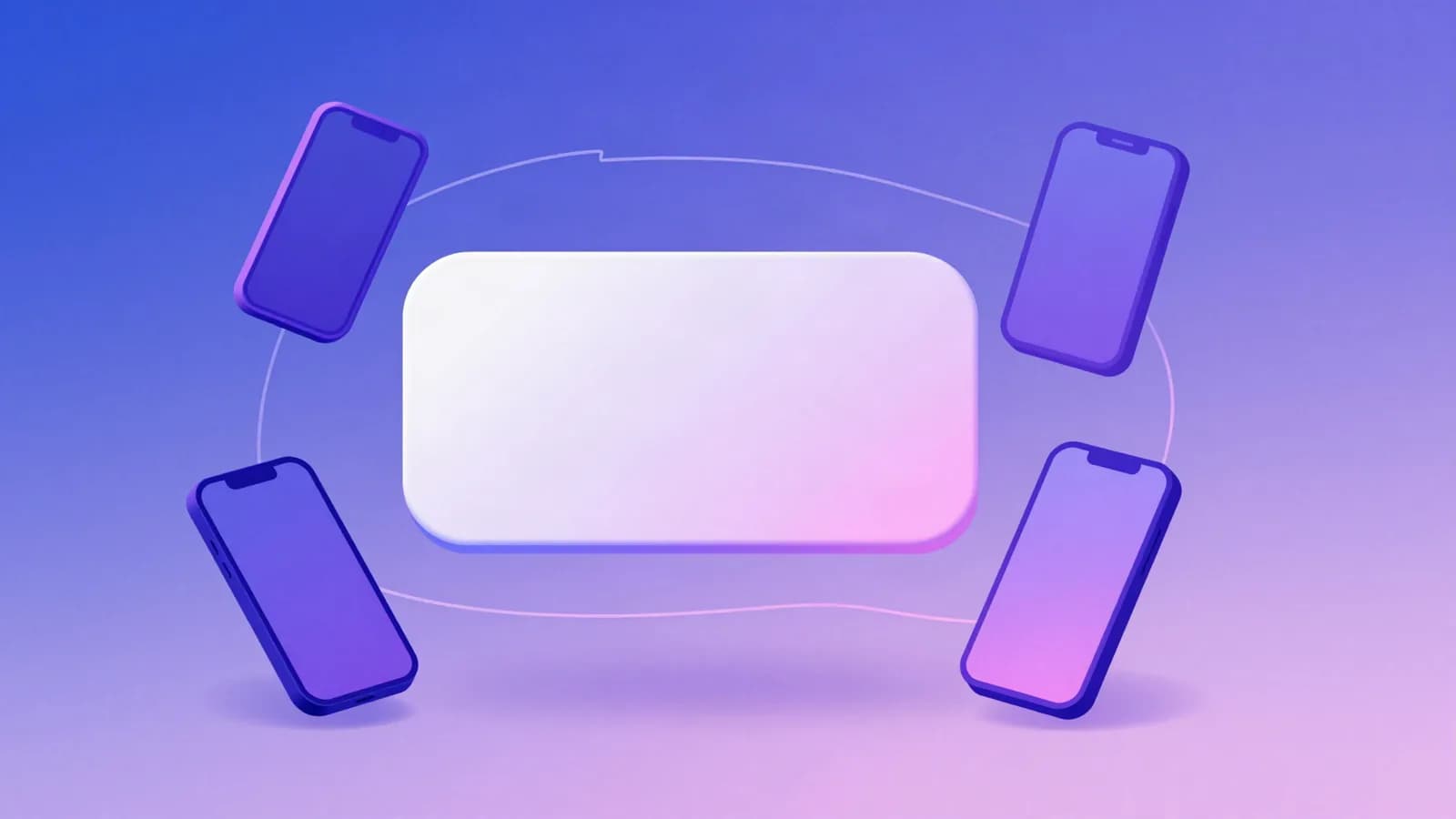 Ilustração de um cartão retangular claro no centro, ligado por linhas finas a quatro aparelhos de celular ao redor, em tons de índigo, violeta e rosa