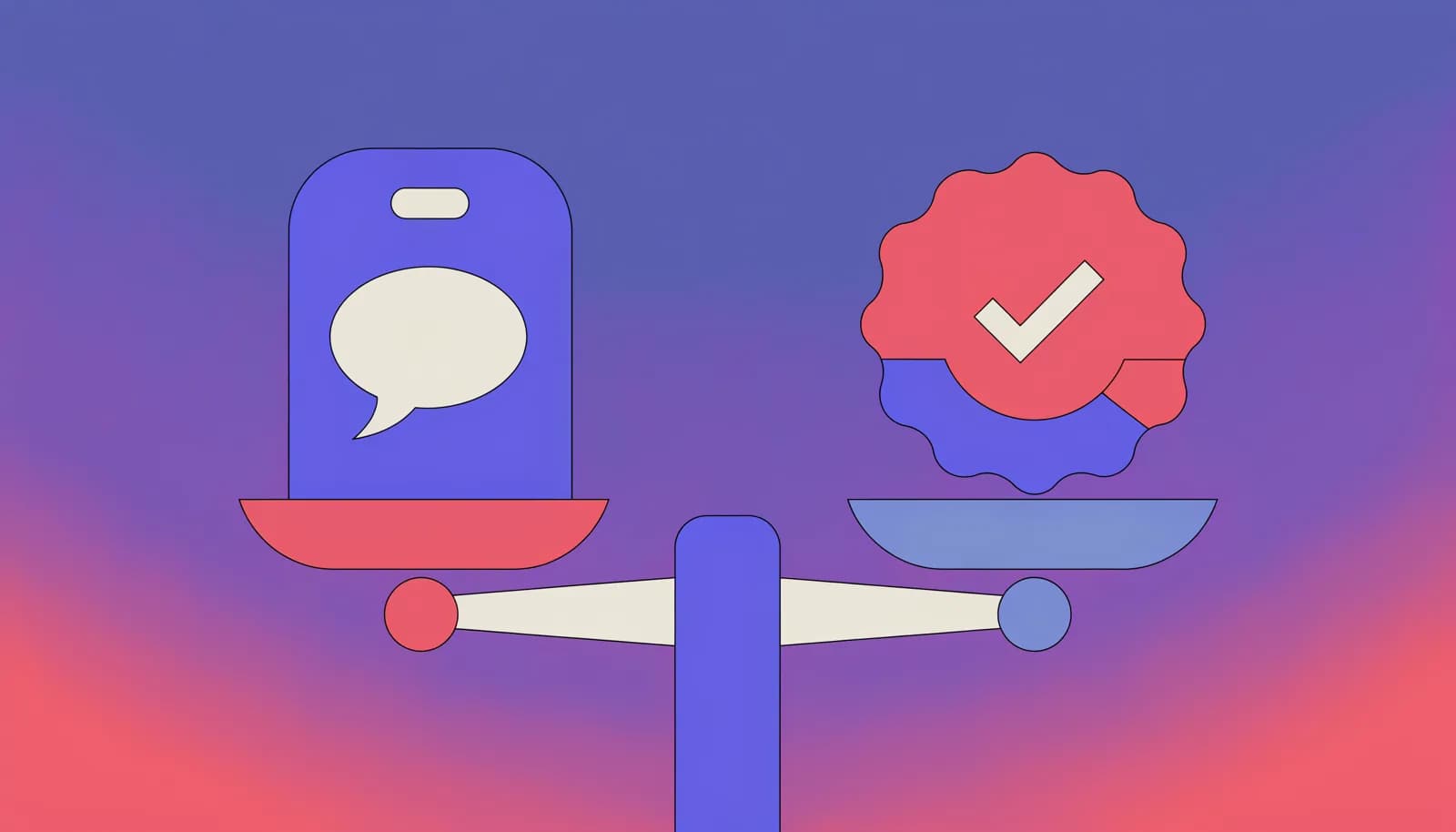 Ilustração de uma balança equilibrando um ícone de smartphone com grupo VIP de um lado e um selo de verificação do outro, representando uma avaliação honesta de prós e contras
