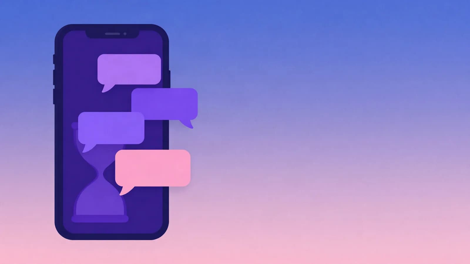 Ilustração de um celular com uma fila de balões de mensagem sobrepostos a uma ampulheta na tela