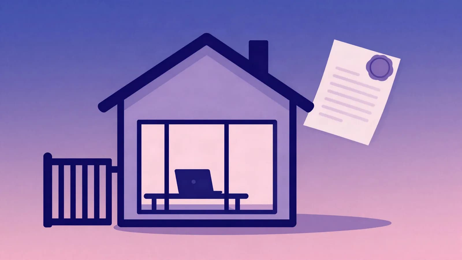 Ilustração de uma casa simples com um notebook e um portão aberto ao lado, com um documento selado ao fundo, em tons de índigo, violeta e rosa