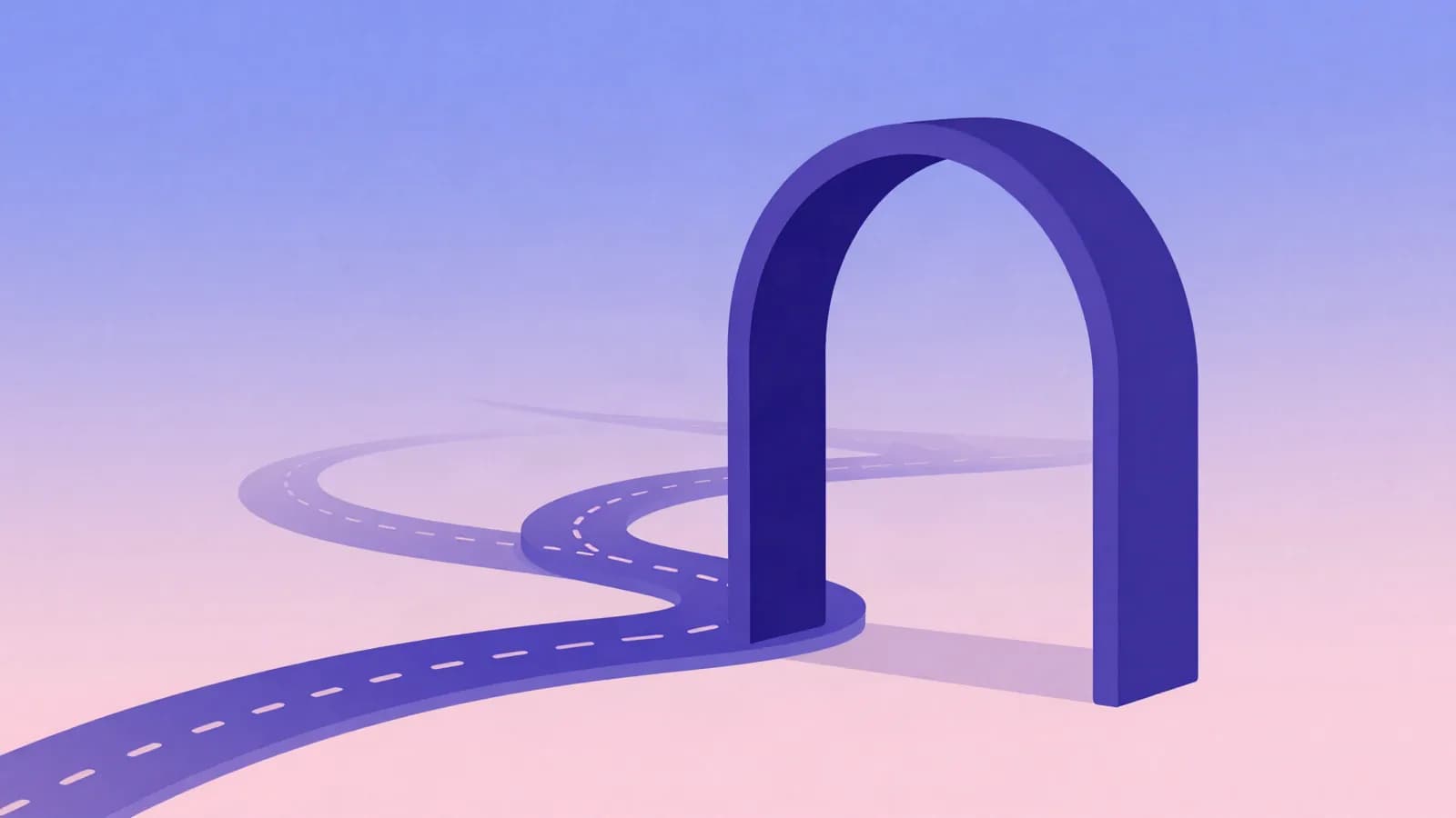 Ilustração de dois caminhos sinuosos que convergem para um portal em arco, em índigo, violeta e rosa