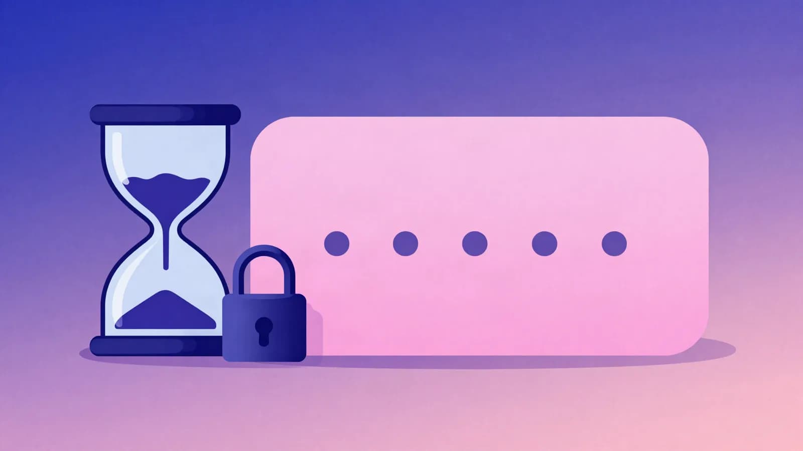 Ilustração de uma ampulheta ao lado de um cadeado e de um cartão arredondado com pontos em sequência, em tons de índigo, violeta e rosa