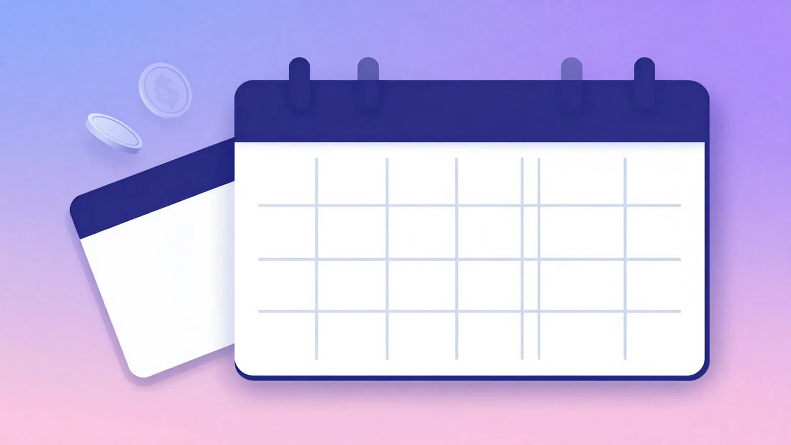 Ilustração de um calendário com um cartão de assinatura e moedas, representando a escolha entre prazos de cobrança