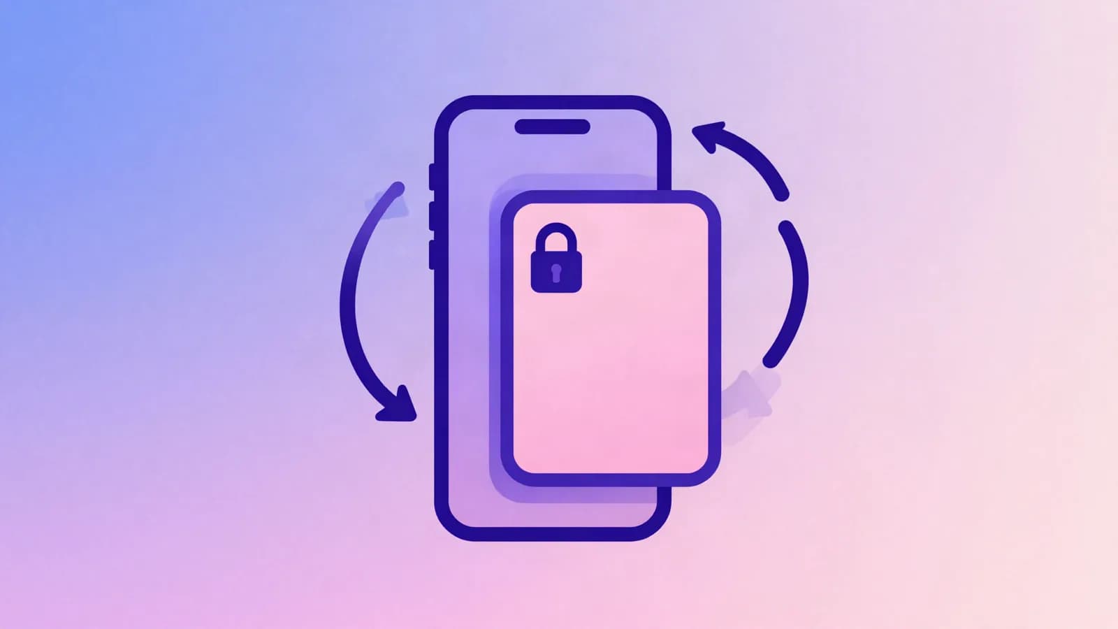 Ilustração de um celular com um cartão arredondado e um cadeado, cercado por setas curvas que formam um ciclo, em tons de índigo, violeta e rosa