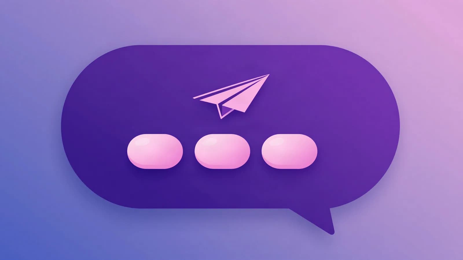 Ilustração de um balão de conversa roxo com três botões arredondados dentro e um avião de papel acima, em tons de índigo, violeta e rosa