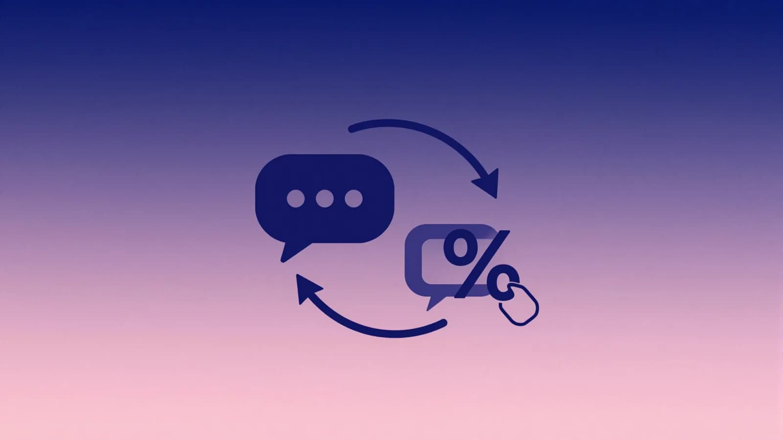 Ilustração de dois ícones de bot conectados por uma seta de troca, com um símbolo de porcentagem e uma etiqueta de preço, representando a comparação de taxas entre bots de venda no Telegram