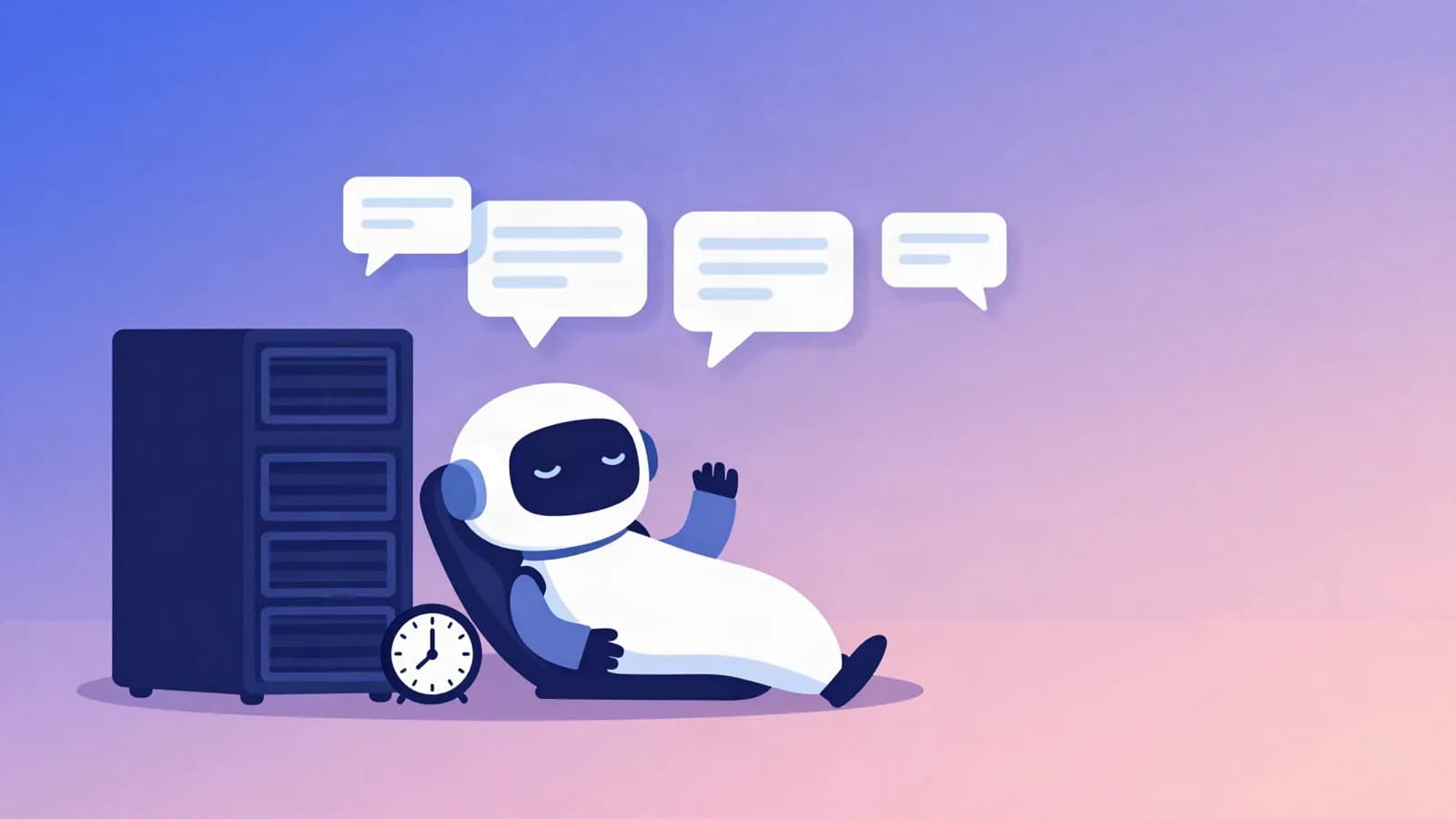 Ilustração de um robô de atendimento cochilando ao lado de um servidor desligado, com balões de mensagem enfileirados e um relógio, em tons de índigo, violeta e rosa