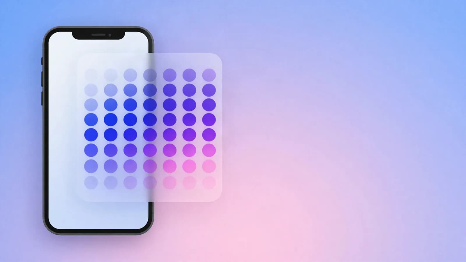 Ilustração de um celular com painel translúcido cobrindo parte da tela ao lado de um grid de círculos com parte apagada