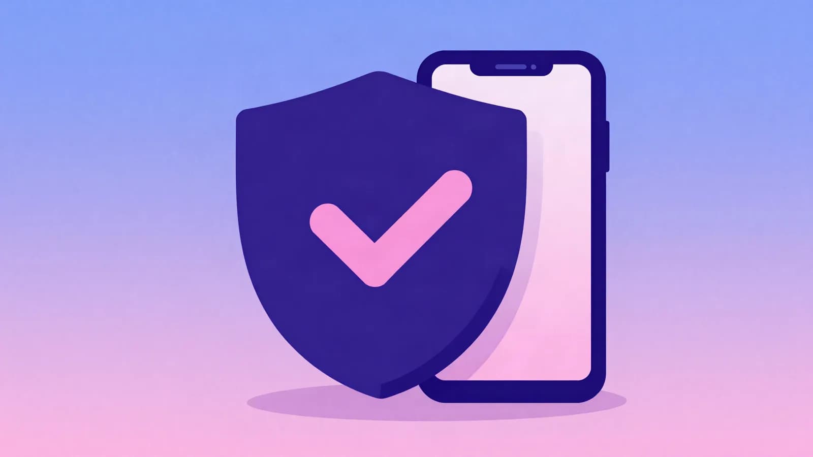Ilustração de um escudo com um sinal de confirmação dentro, ao lado de um celular, em tons de índigo, violeta e rosa