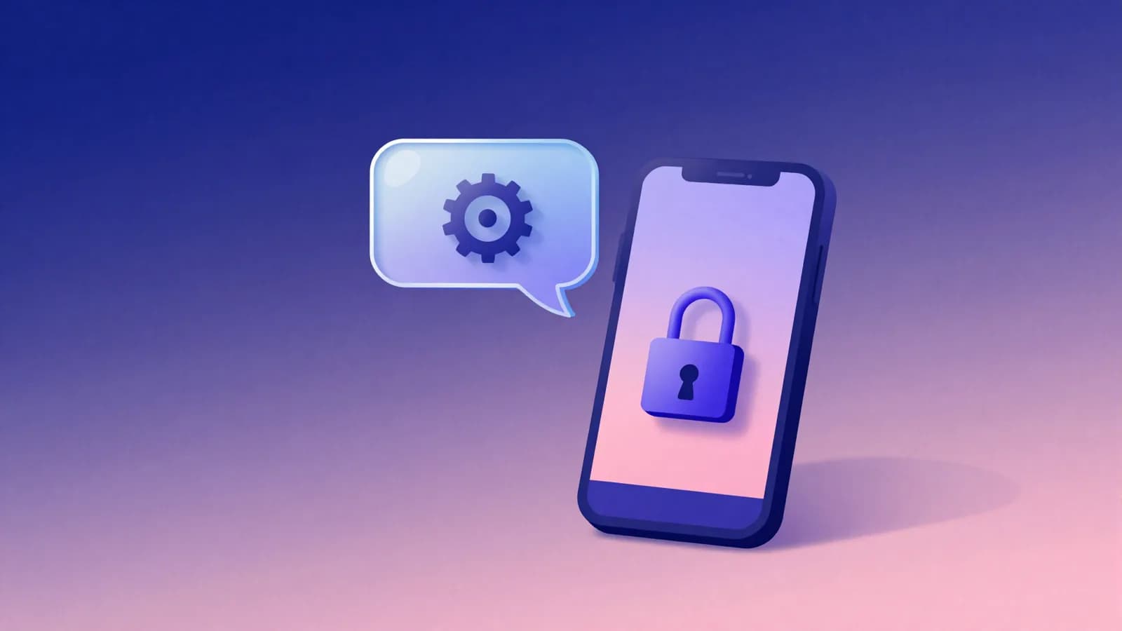 Ilustração de um balão de conversa com engrenagem ao lado de um celular com cadeado, representando a diferença entre automação por regras e um chatbot de inteligência artificial
