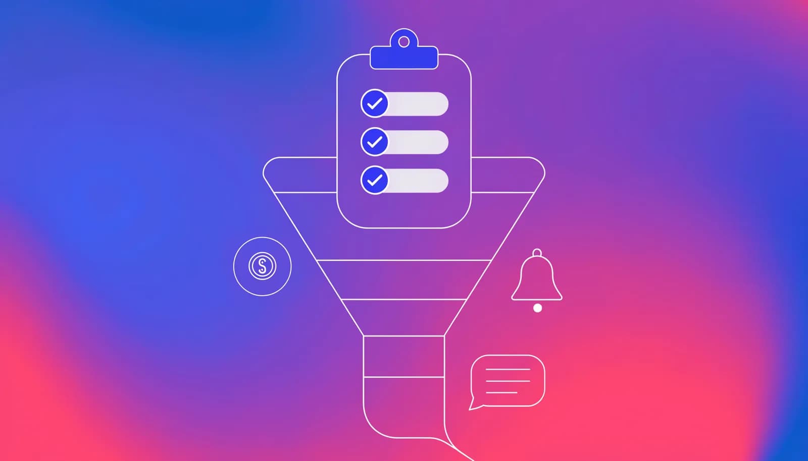Ilustração de uma lista de verificação com itens marcados ao lado de um funil de vendas digital, em tons de índigo, violeta e rosa