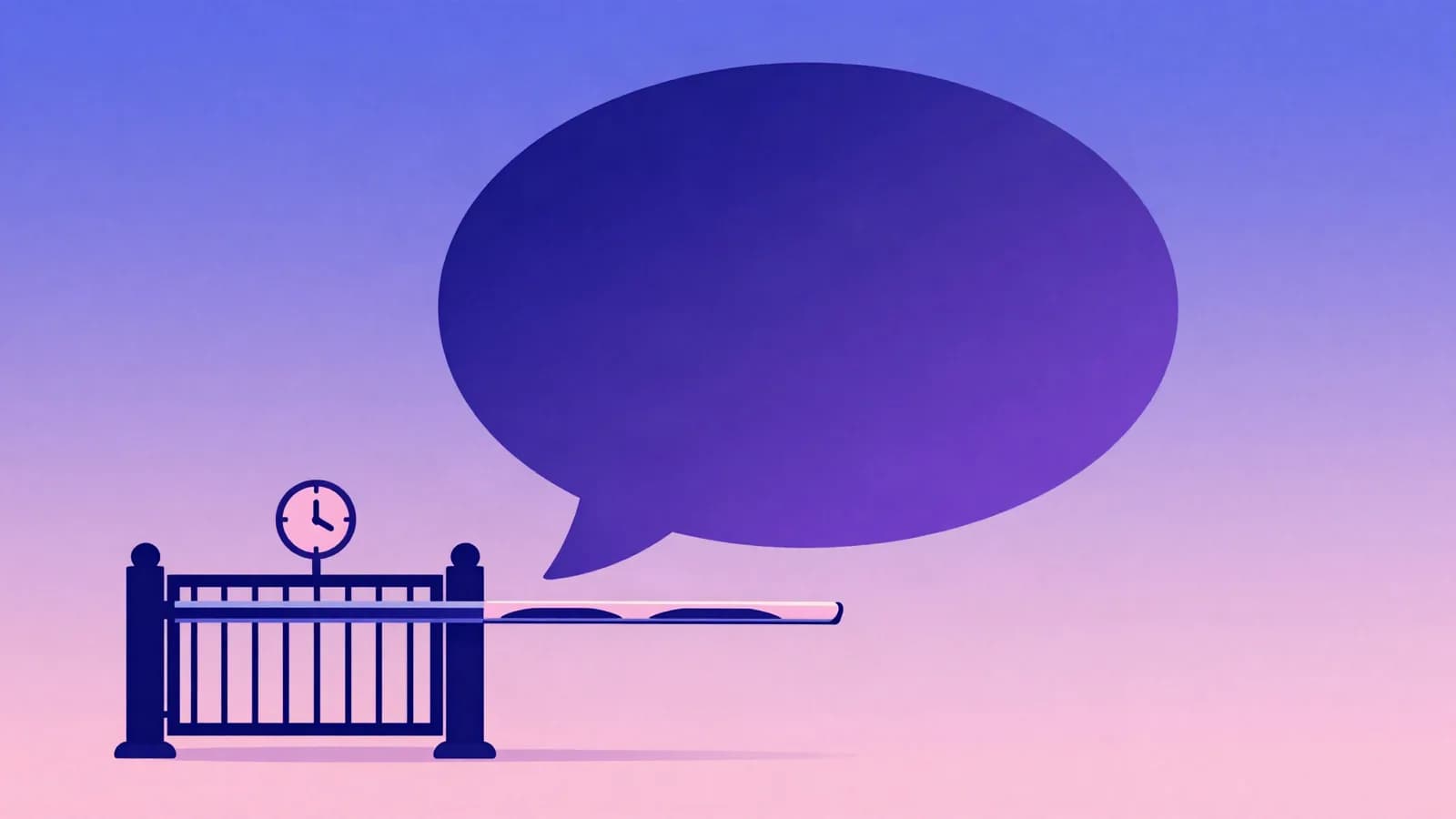 Ilustração de um grande balão de conversa acima de uma cancela fechada com um relógio ao lado, em tons de índigo, violeta e rosa