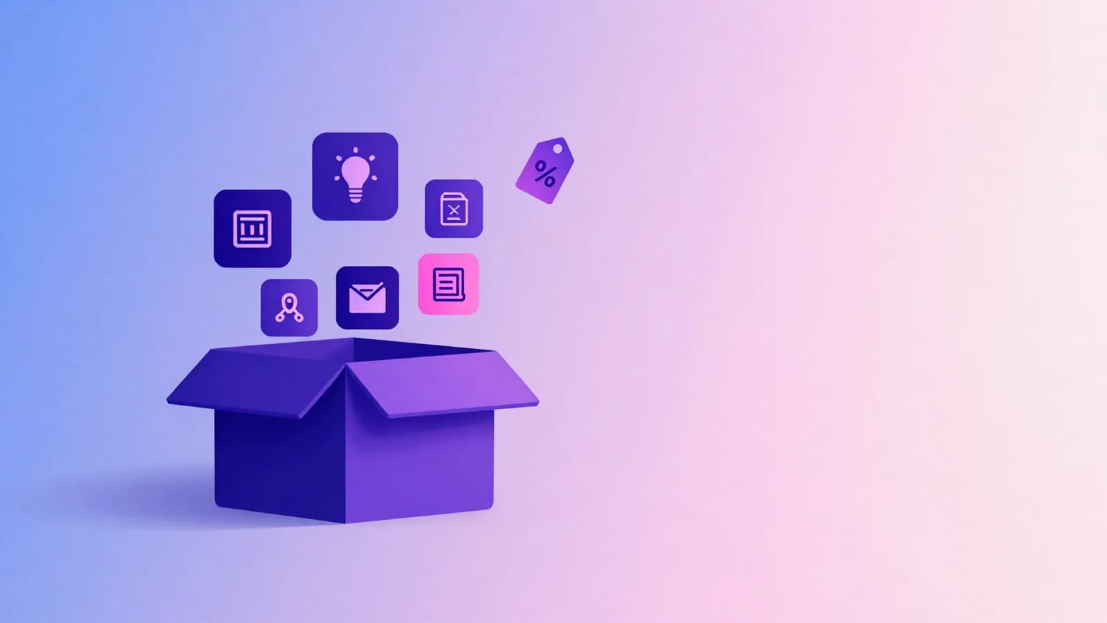 Ilustração de itens digitais avulsos sendo agrupados dentro de uma caixa de pacote com etiqueta de desconto, representando um combo de produtos no Telegram