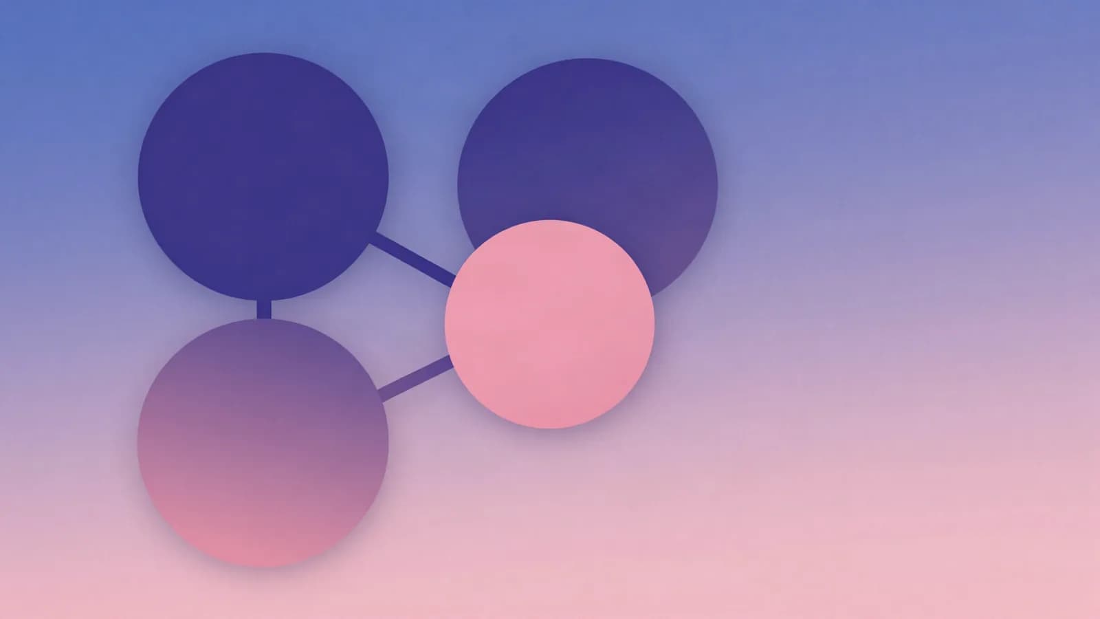 Ilustração de três círculos ligados por linhas a um círculo central destacado em rosa, em tons de índigo e violeta