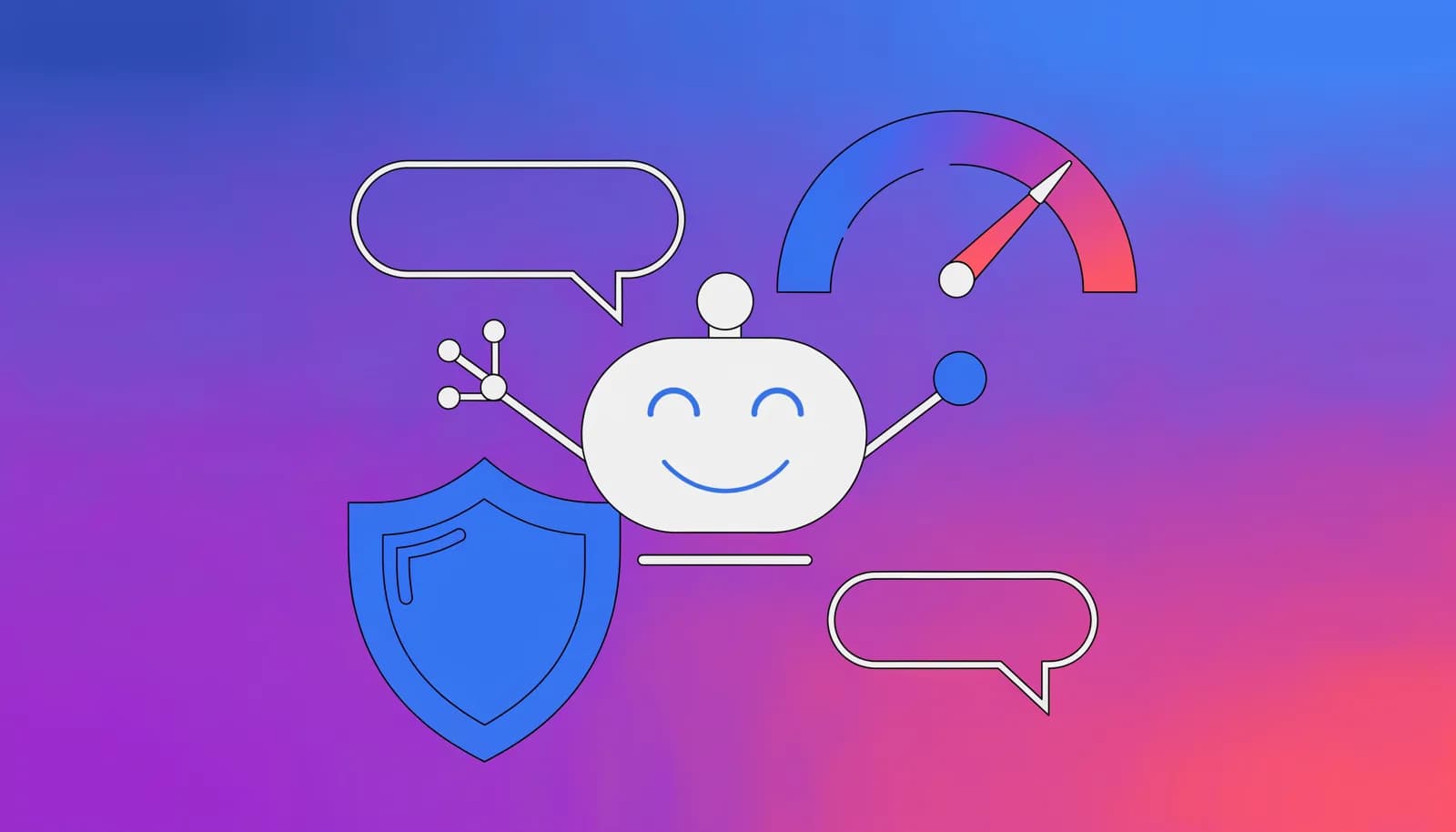 Ilustração de um robô de chat com um escudo de proteção ao lado de um medidor de velocidade, representando limites seguros de envio de mensagens para evitar banimento de bot