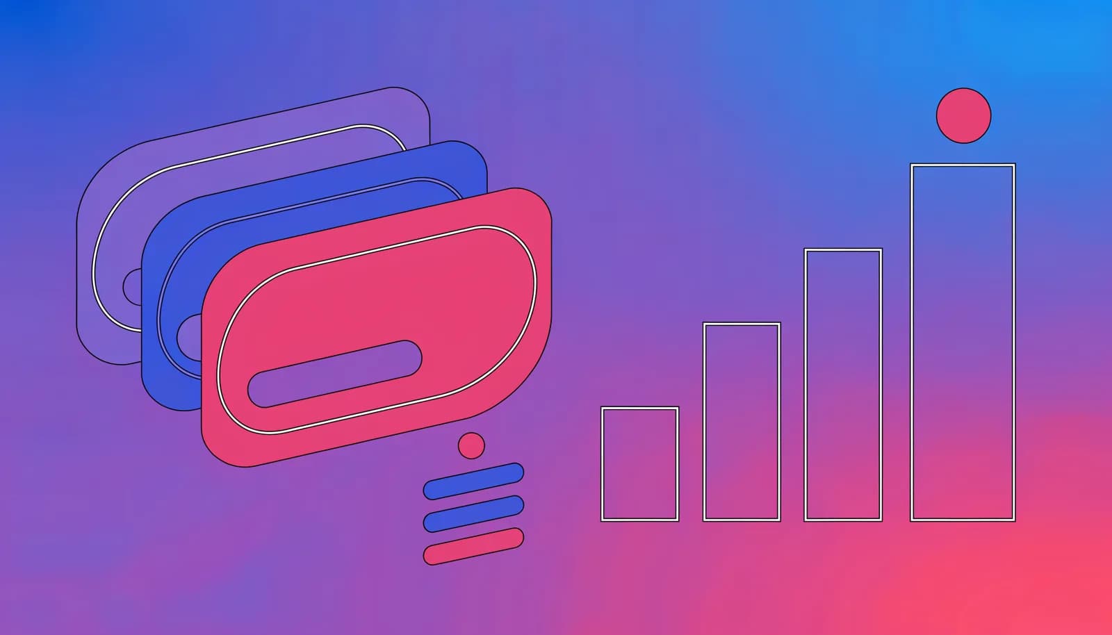 Ilustração de uma etiqueta de preço ao lado de camadas empilhadas representando pacotes de conteúdo, com um gráfico de barras crescente ao fundo, em tons de índigo e rosa