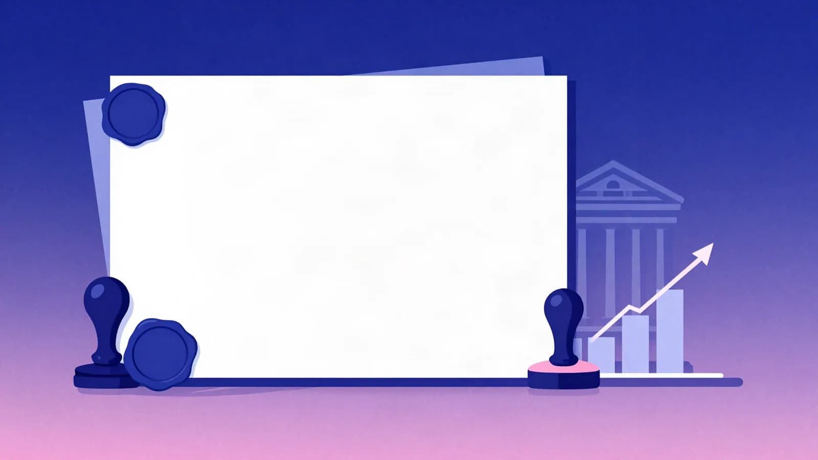 Ilustração de um certificado em branco com selo de lacre e carimbos, ao lado de um gráfico de barras em alta e a fachada de um banco, em tons de índigo, violeta e rosa