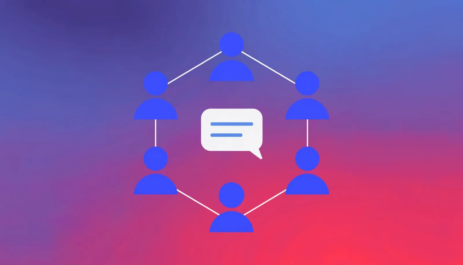 Ilustração de várias figuras pequenas conectadas em círculo ao redor de um ícone de chat, representando uma comunidade paga ativa dentro de um grupo do Telegram