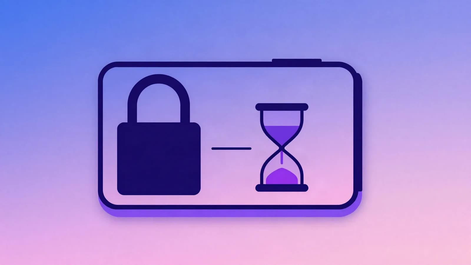 Ilustração de um cadeado e uma ampulheta lado a lado dentro da moldura de um celular, em tons de índigo, violeta e rosa