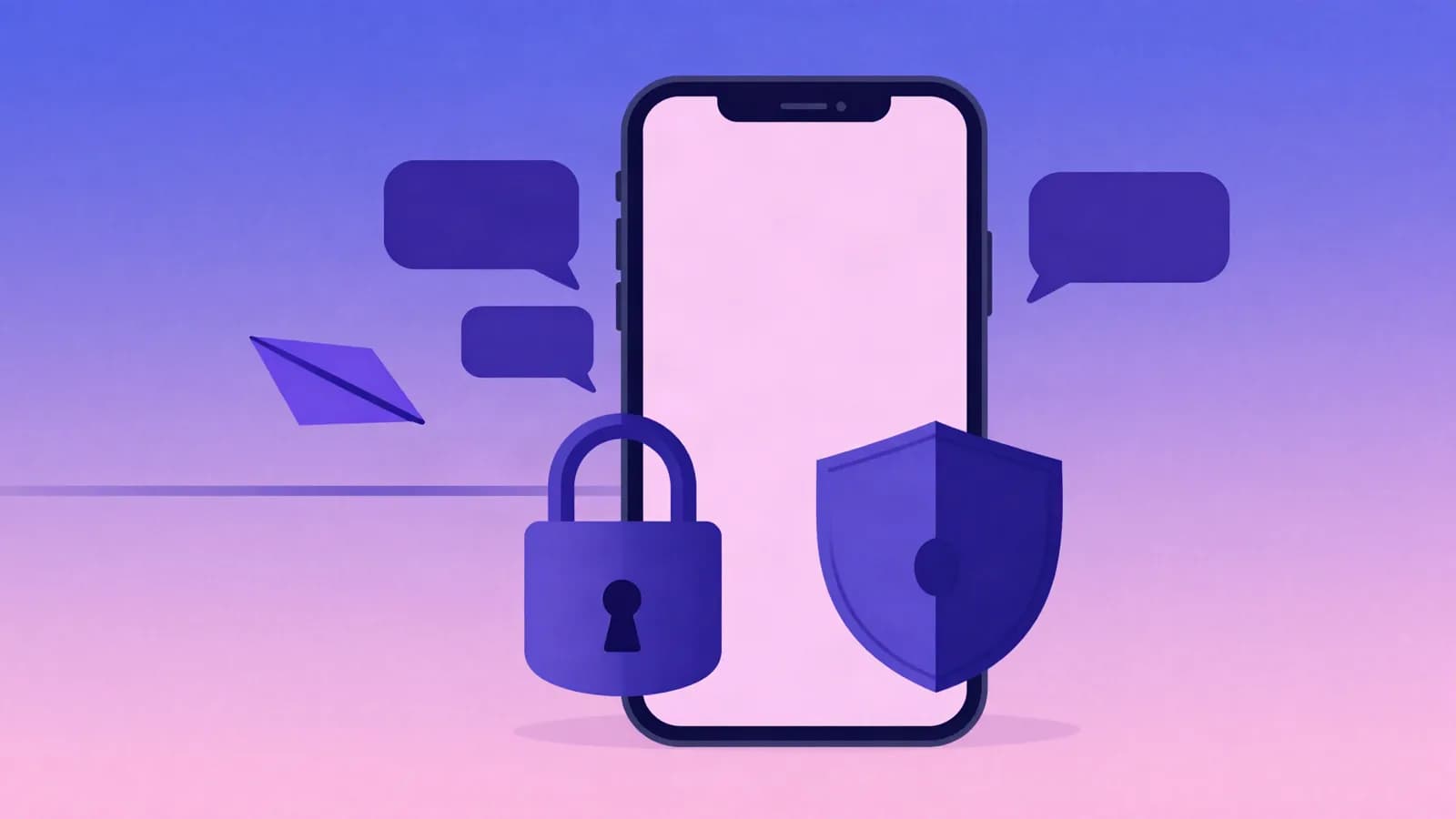 Ilustração de um celular com balões de conversa vazios, um cadeado e um escudo apoiados na tela e um avião de papel parado no ar, em tons de índigo, violeta e rosa