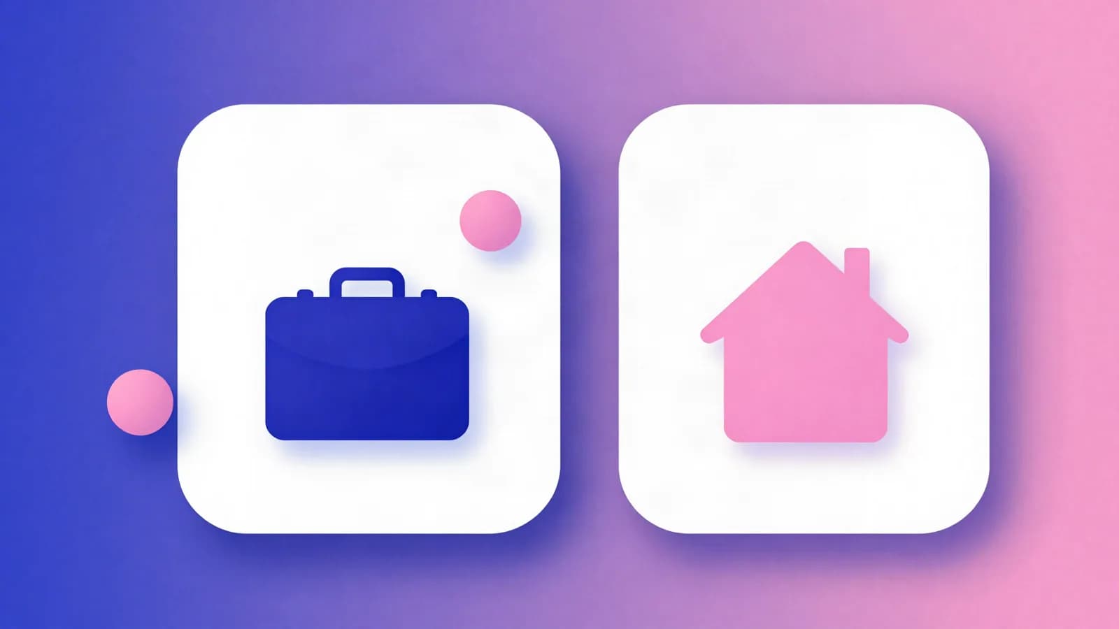 Ilustração de dois cartões arredondados lado a lado, um com uma maleta e outro com uma casa, em tons de índigo, violeta e rosa