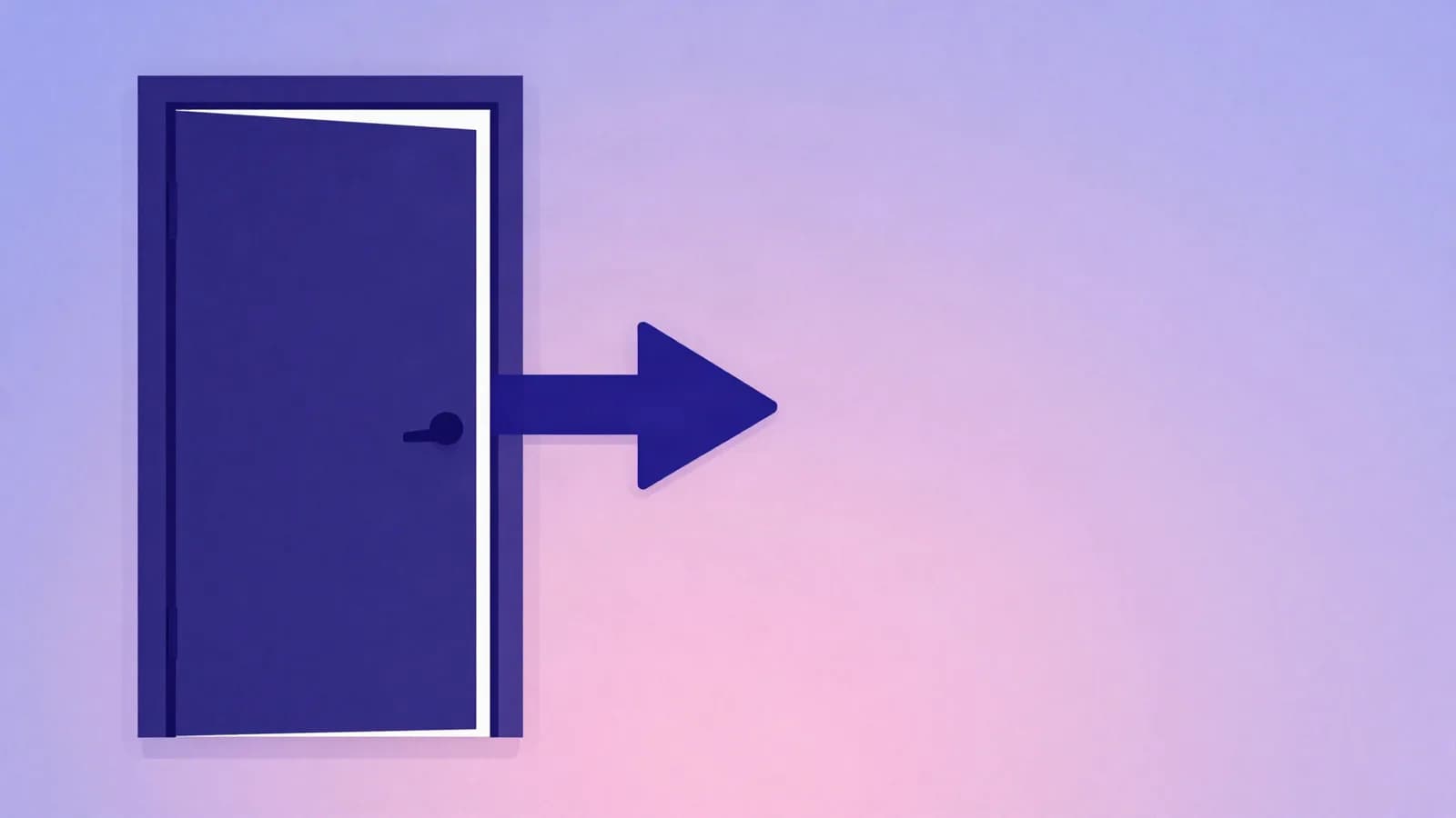Ilustração de uma porta entreaberta com uma seta saindo dela, em índigo e violeta sobre fundo rosa