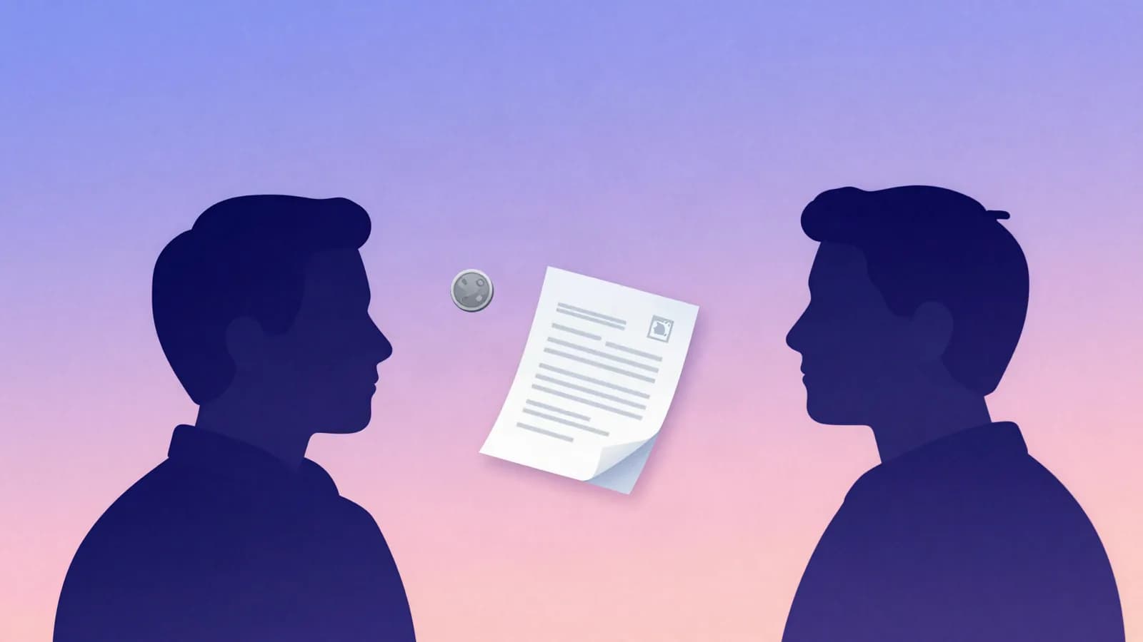 Ilustração de duas silhuetas frente a frente com uma moeda e um documento assinado entre elas, em tons de índigo, violeta e rosa