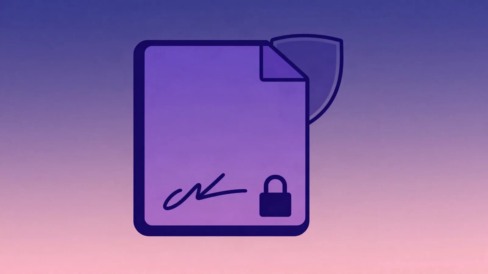 Ilustração de um documento com traço de assinatura, cadeado e escudo em índigo, violeta e rosa