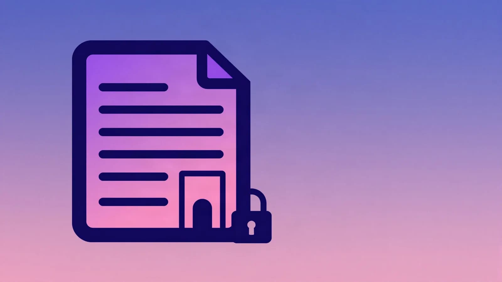 Ilustração de um documento com linhas e canto dobrado ao lado de uma porta aberta e um cadeado, em tons de índigo, violeta e rosa