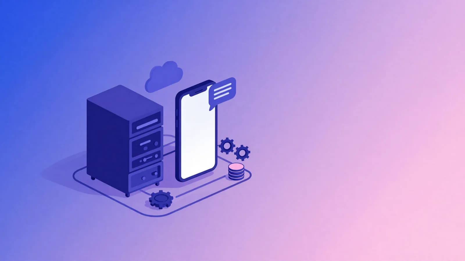 Ilustração de um servidor conectado a um celular com símbolos de código e moedas, representando o custo de manter um bot de vendas próprio