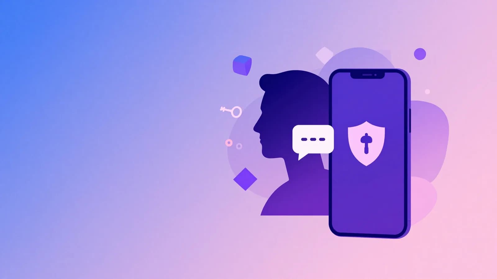 Ilustração de dois celulares trocando um balão de conversa com um pequeno ícone de chave e escudo ao lado, representando acesso limitado e confiável