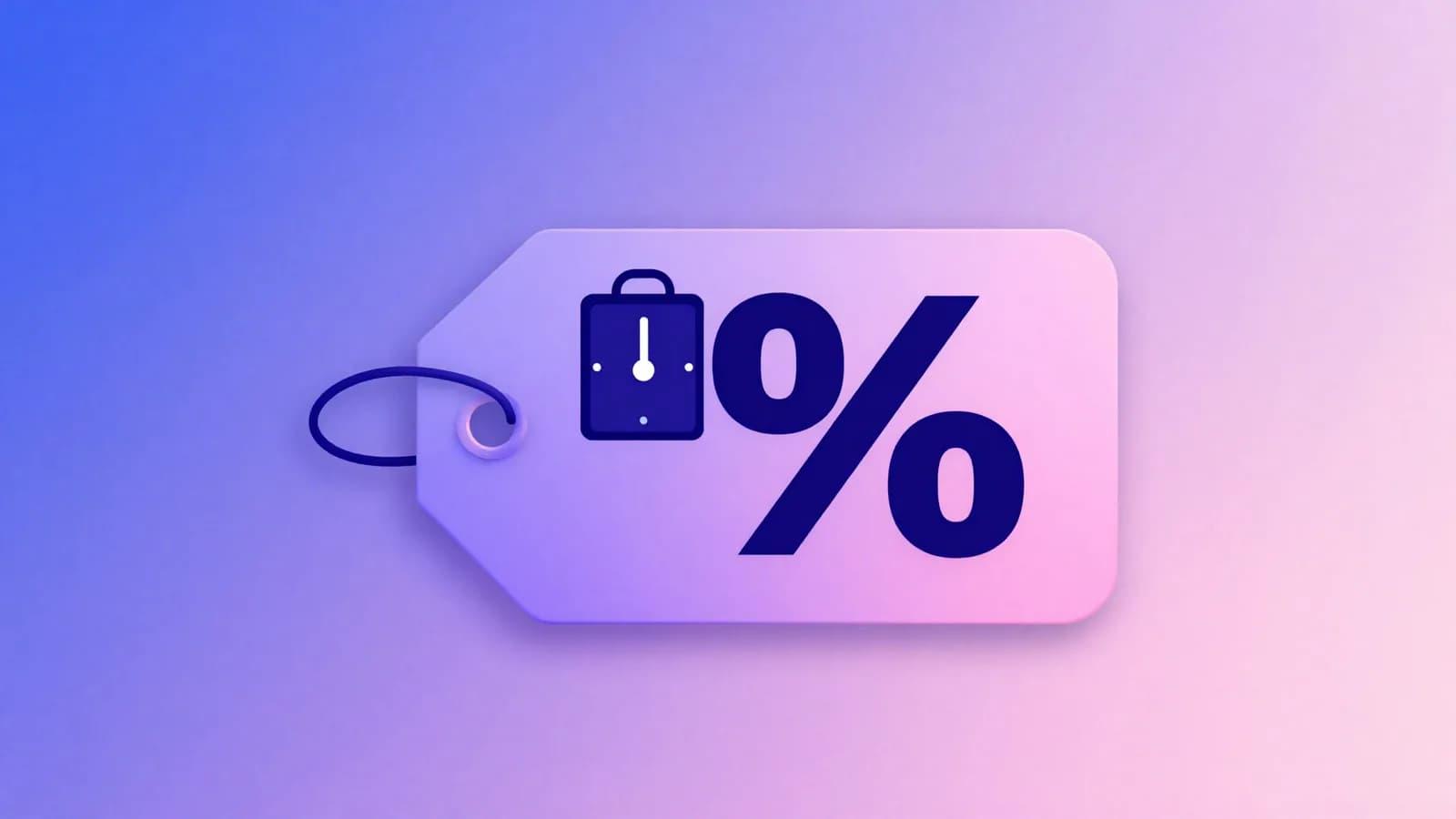 Ilustração de uma etiqueta de preço com percentual de desconto e um relógio de contagem regressiva ao lado, representando promoção por tempo limitado