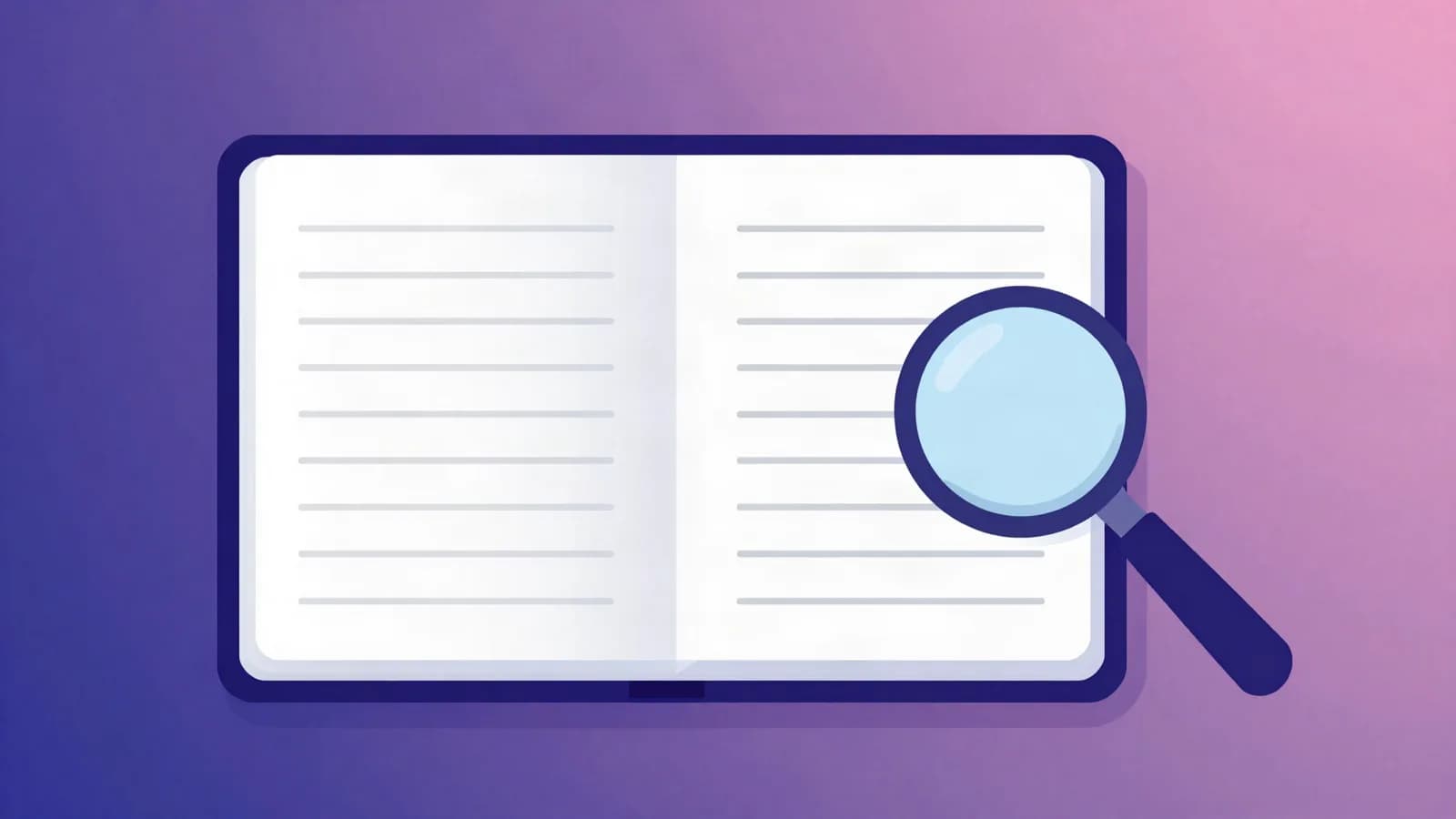 Ilustração de um caderno aberto com linhas em branco e uma lupa ao lado, em fundo índigo, violeta e rosa