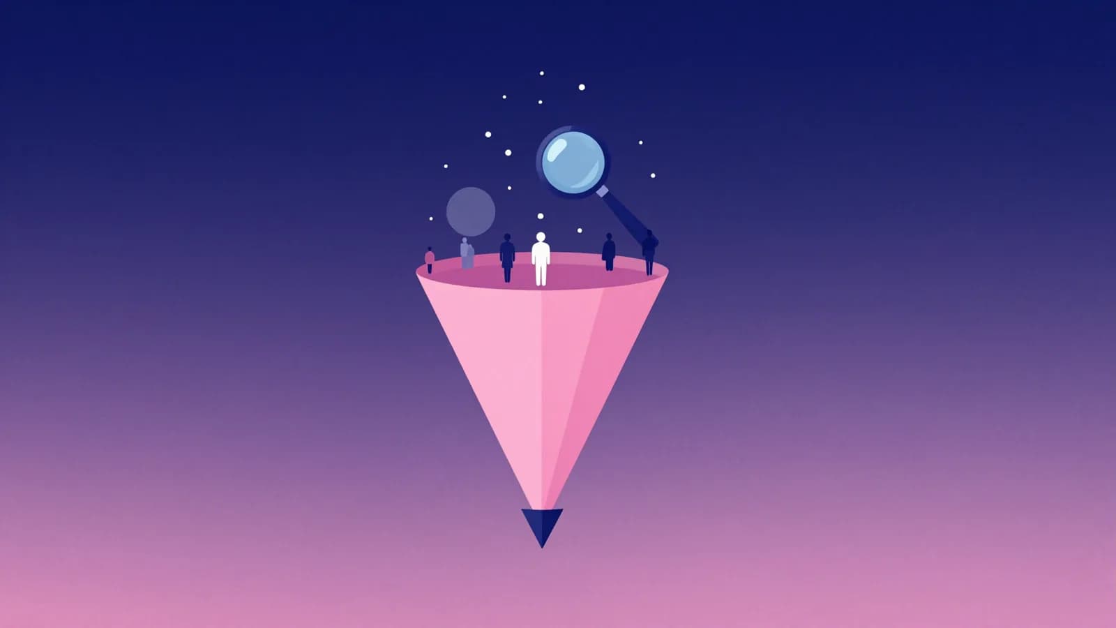 Ilustração de um funil de vendas com etapas afunilando e uma lupa apontando para o ponto mais estreito, representando o diagnóstico de onde um funil perde mais pessoas