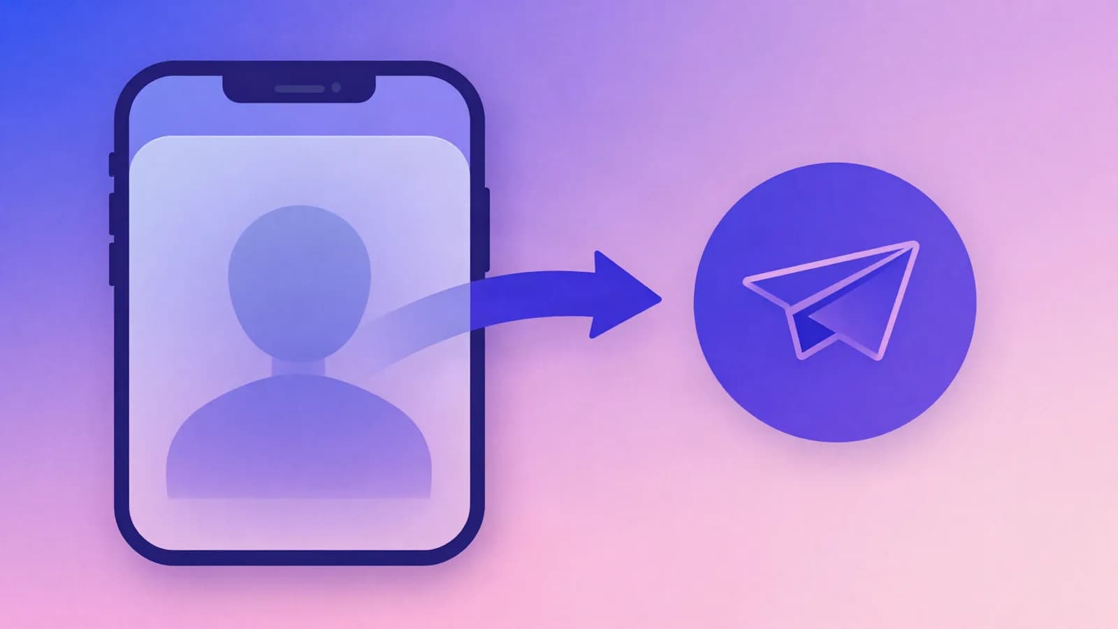 Ilustração de um celular com um perfil genérico atrás de vidro fosco e uma seta até um ícone de avião de papel, em índigo, violeta e rosa