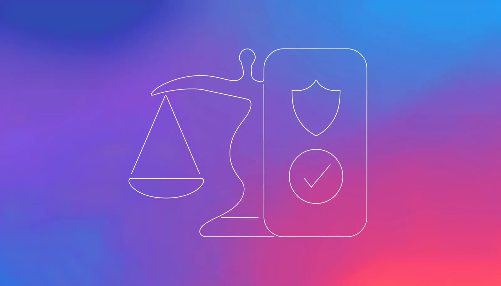 Ilustração de uma balança de justiça sobre uma tela de celular com escudo e selo de verificação, representando regulação digital e verificação de idade
