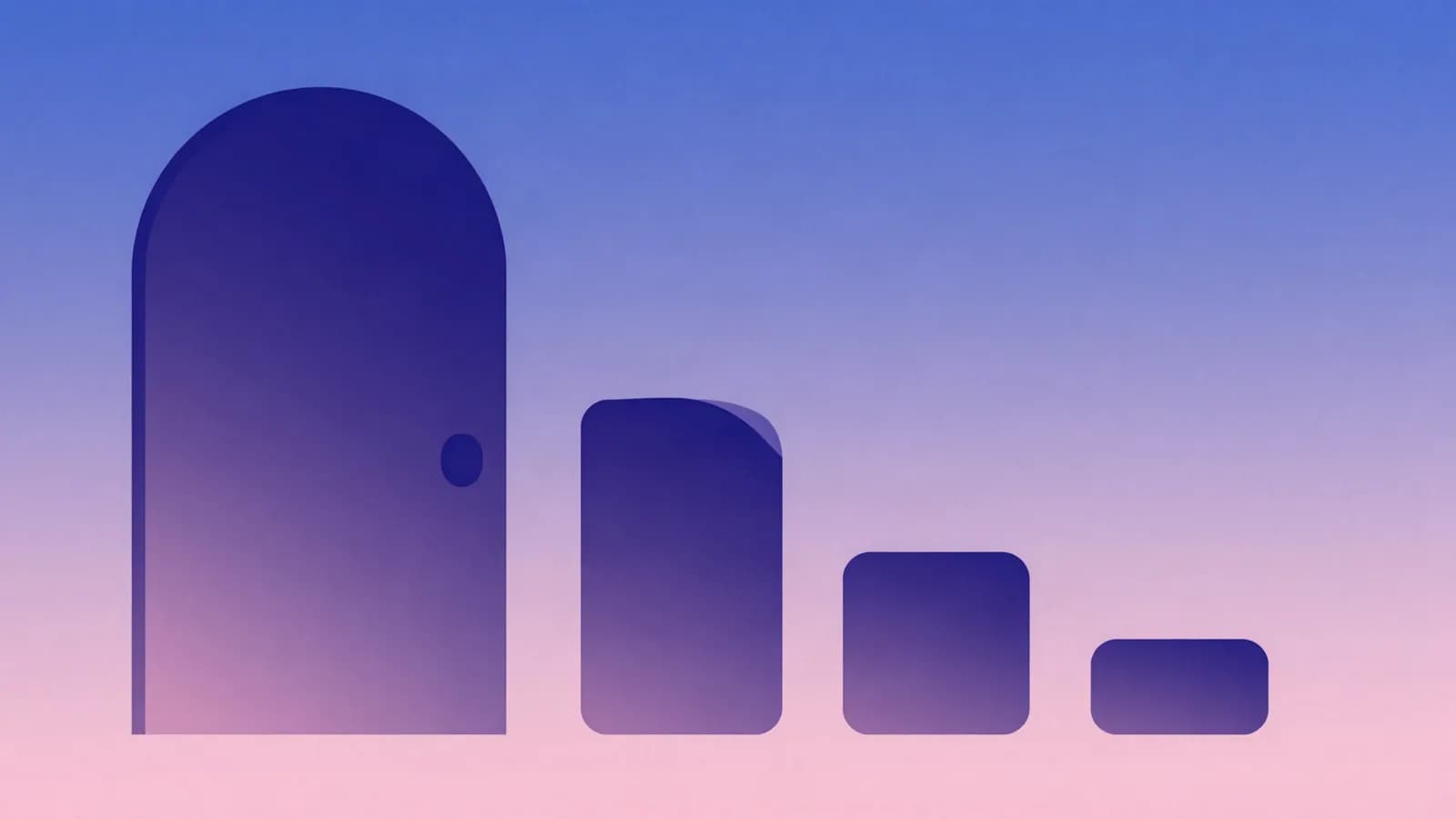 Ilustração de uma porta em arco ao lado de três blocos arredondados que diminuem de altura, em tons de índigo, violeta e rosa