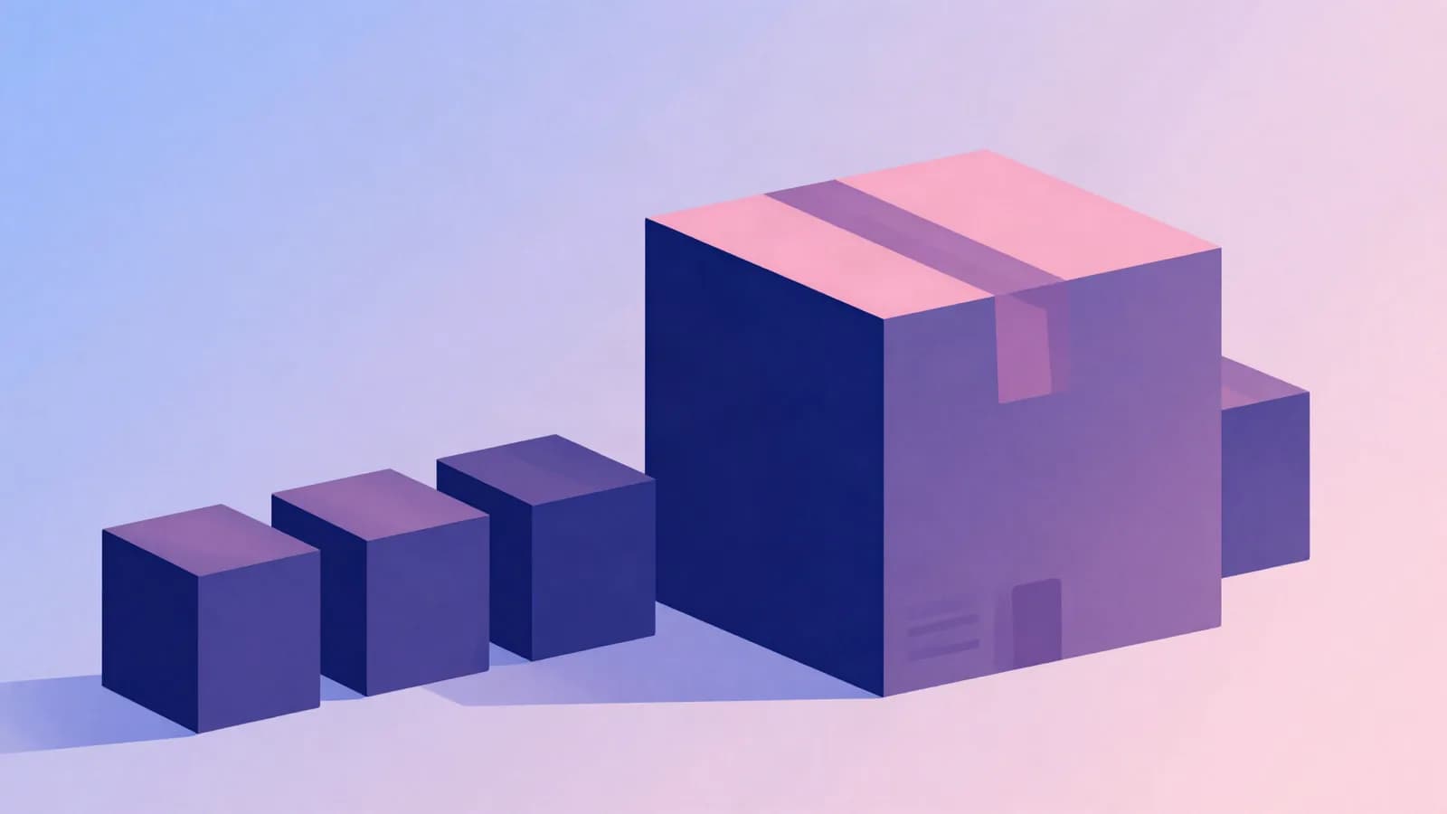 Ilustração de uma caixa grande ao lado de caixas pequenas enfileiradas, em tons de índigo, violeta e rosa
