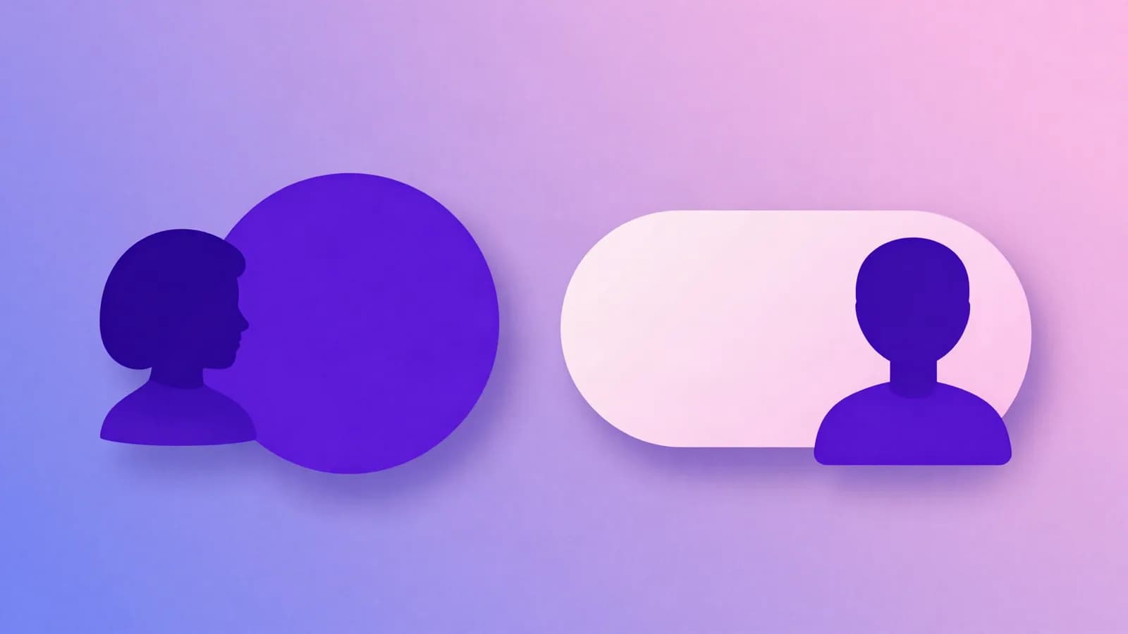 Ilustração de duas silhuetas de perfil, cada uma com uma etiqueta arredondada ao lado, em índigo, violeta e rosa