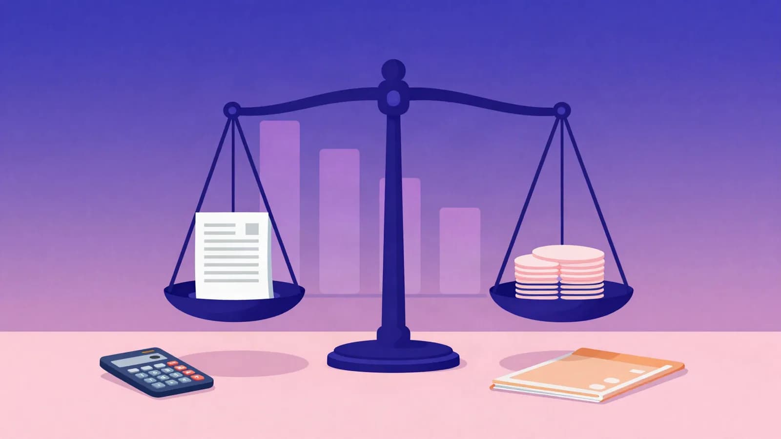 Ilustração de uma balança sobre a mesa com uma folha de pagamento em um prato e uma pilha de cartões no outro, com gráfico de barras em queda, calculadora e pasta ao lado