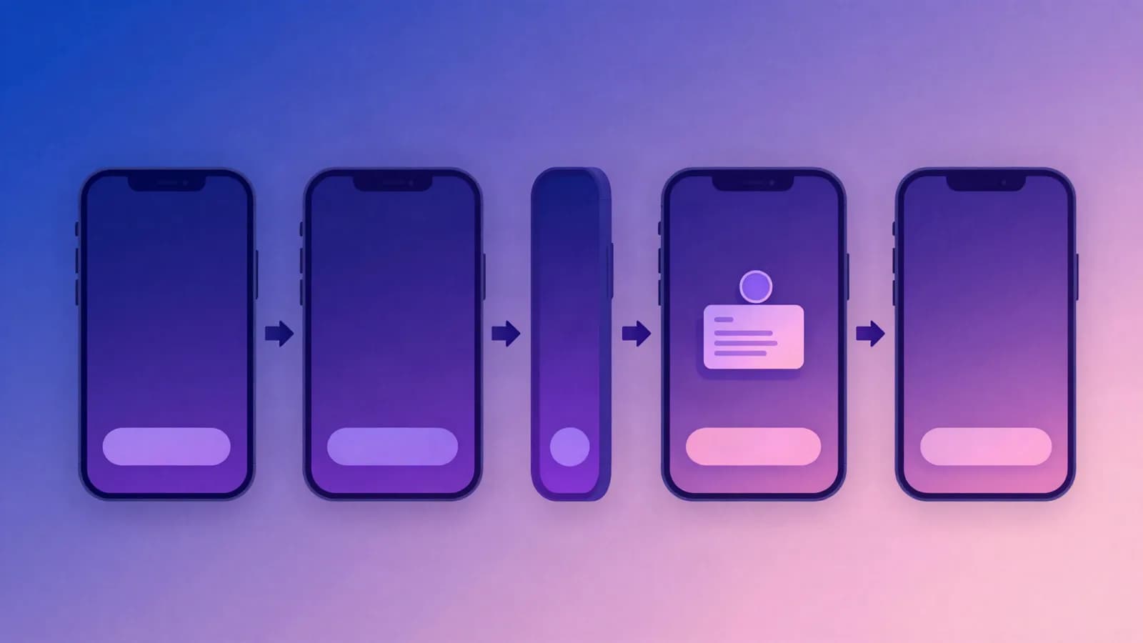 Ilustração de telas de celular em sequência ligadas por setas, com botões e um cartão de pagamento, em tons de índigo, violeta e rosa