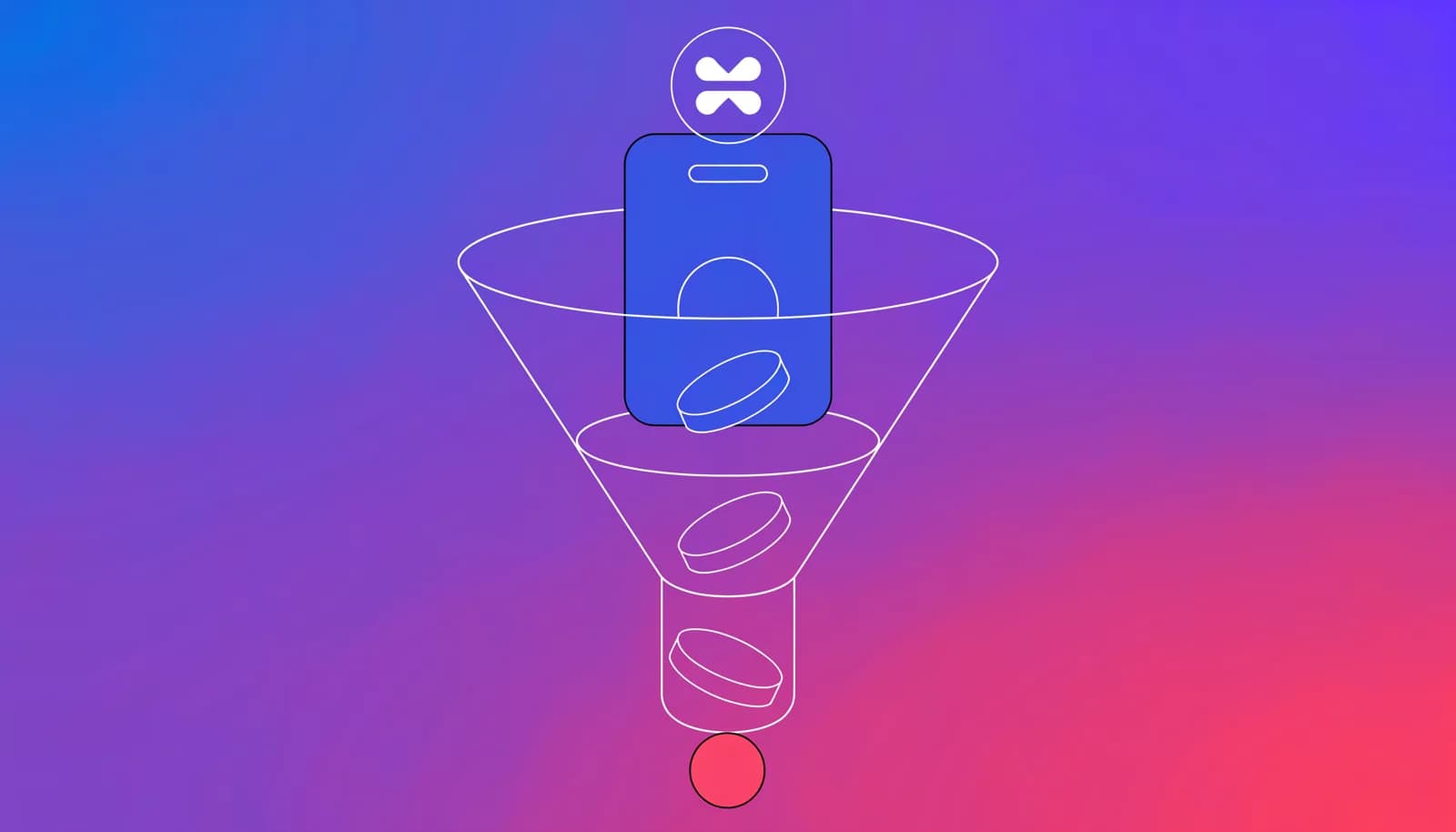 Ilustração de um funil digital com um celular e símbolos de PIX passando pelas etapas, em tons de índigo, violeta e rosa