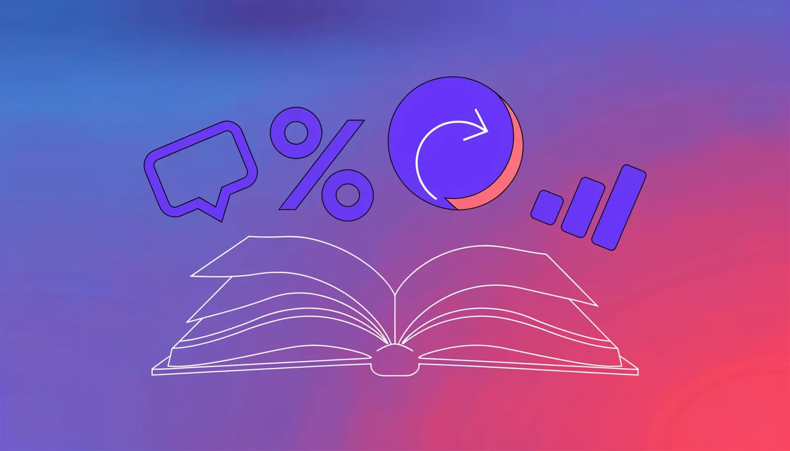 Ilustração de um livro aberto com ícones de bot, PIX, gráfico e cadeado flutuando acima das páginas, representando um glossário de termos de vendas no Telegram