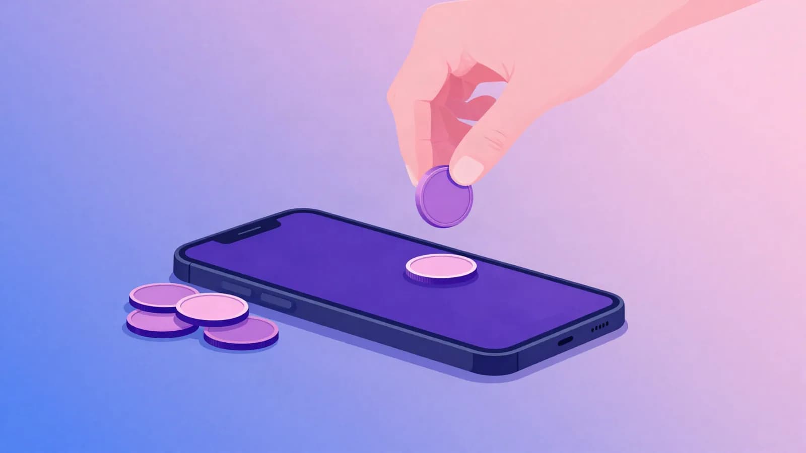 Ilustração de um celular visto de cima com moedas ao lado e uma mão soltando uma moeda, em tons de índigo, violeta e rosa