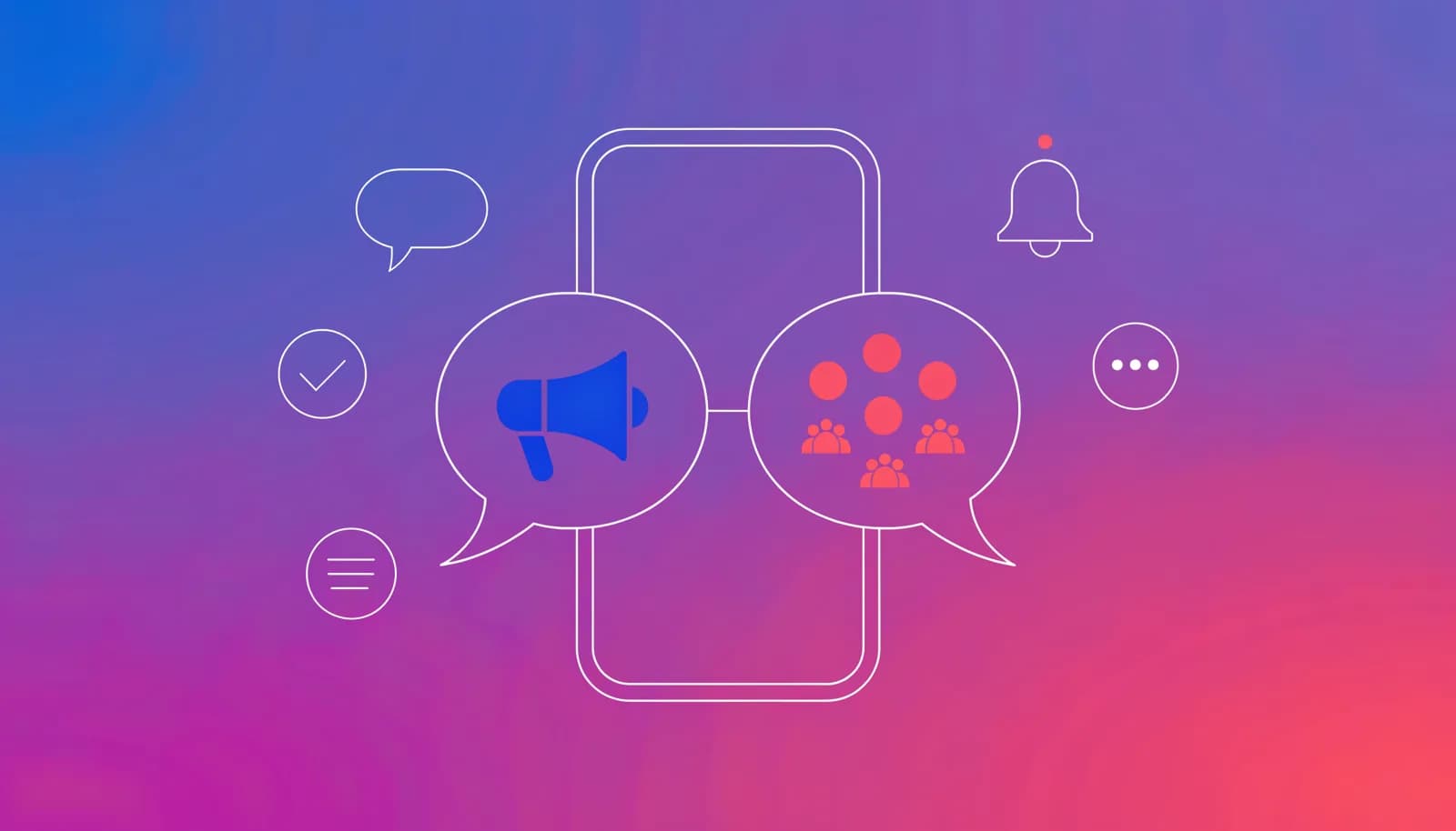 Ilustração de dois espaços de conversa conectados no Telegram, um representando um canal de conteúdo e outro um grupo de discussão, em tons de índigo, violeta e rosa