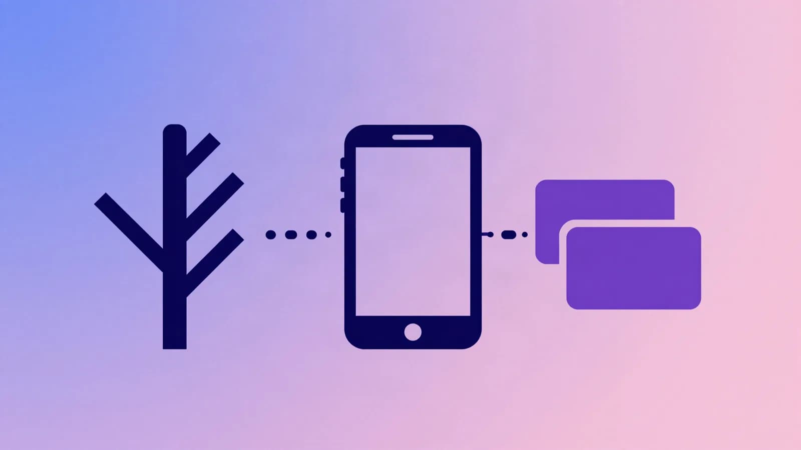 Ilustração de uma árvore geométrica ligada por linha pontilhada a um celular e a dois cartões arredondados, em tons de índigo, violeta e rosa