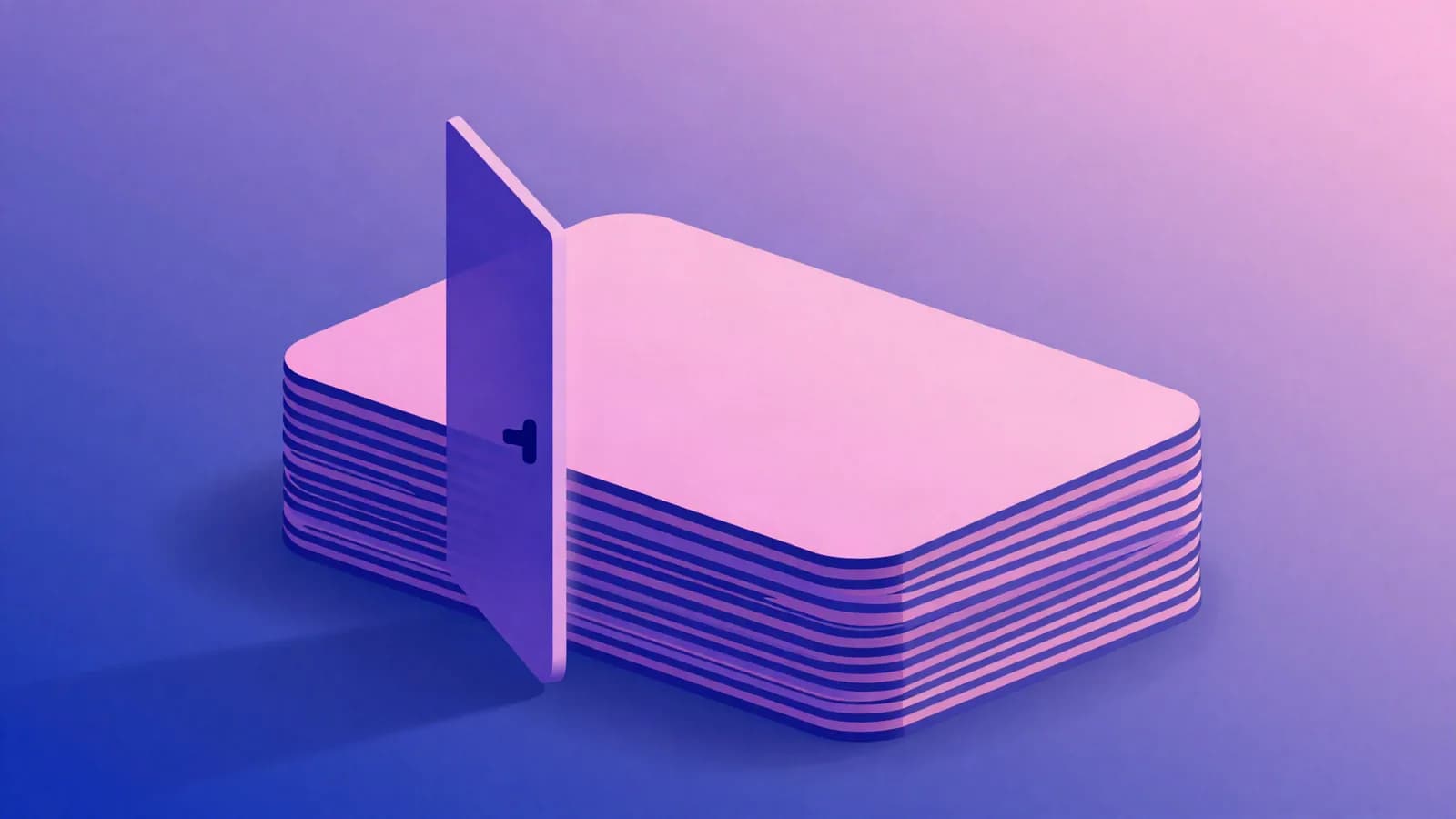 Ilustração de uma porta aberta encaixada em uma pilha de cartões vista de lado, em tons de índigo, violeta e rosa