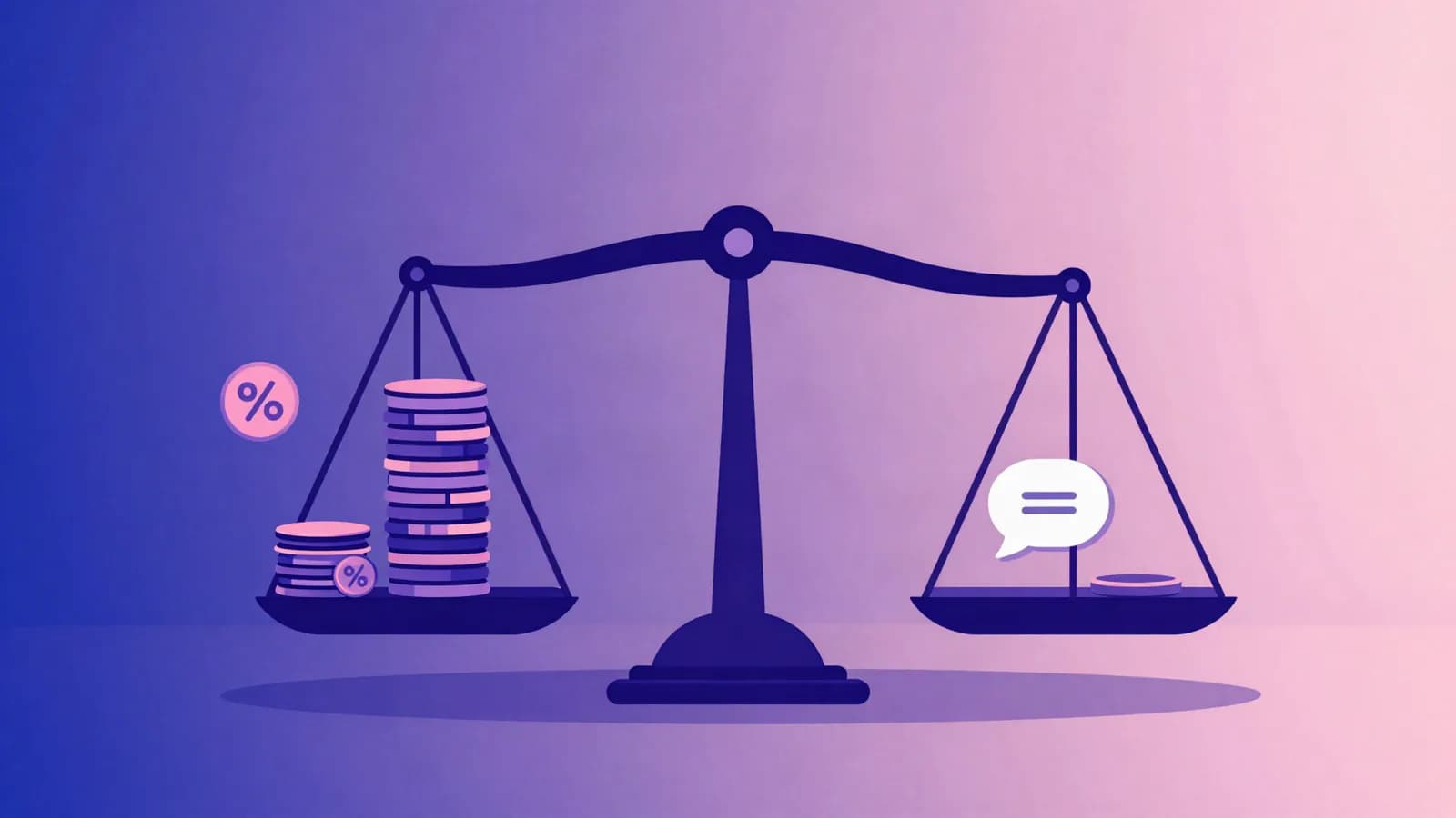 Ilustração de uma balança com uma pilha alta de moedas e símbolos de porcentagem de um lado e uma única moeda ao lado de um celular com balão de conversa do outro